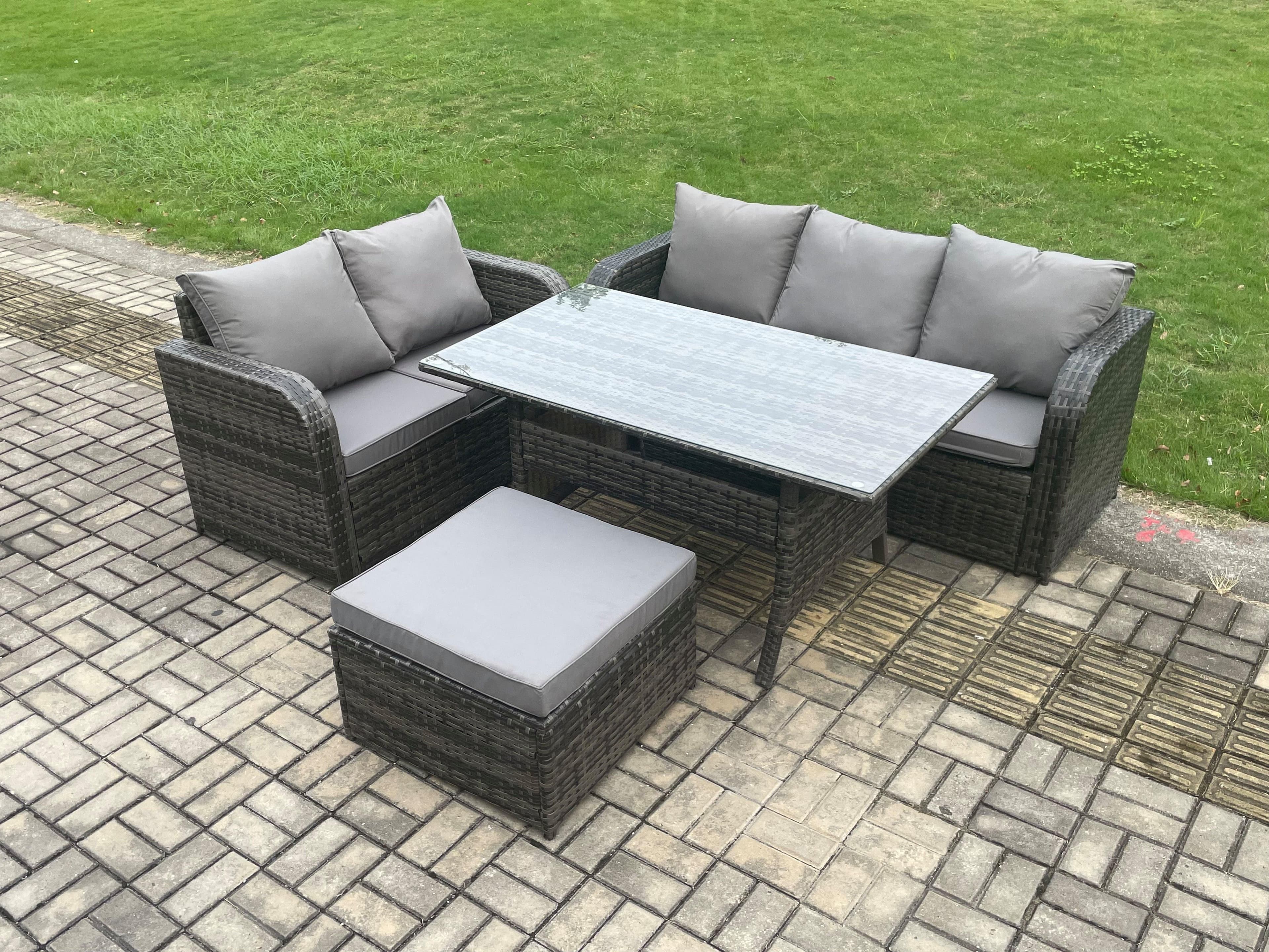 Outdoor Garden Patio Furniture Wicker Rattan Oblong Rectangular Dining Table Lounge Sofa set Big Footstool Dark Grey Mixed