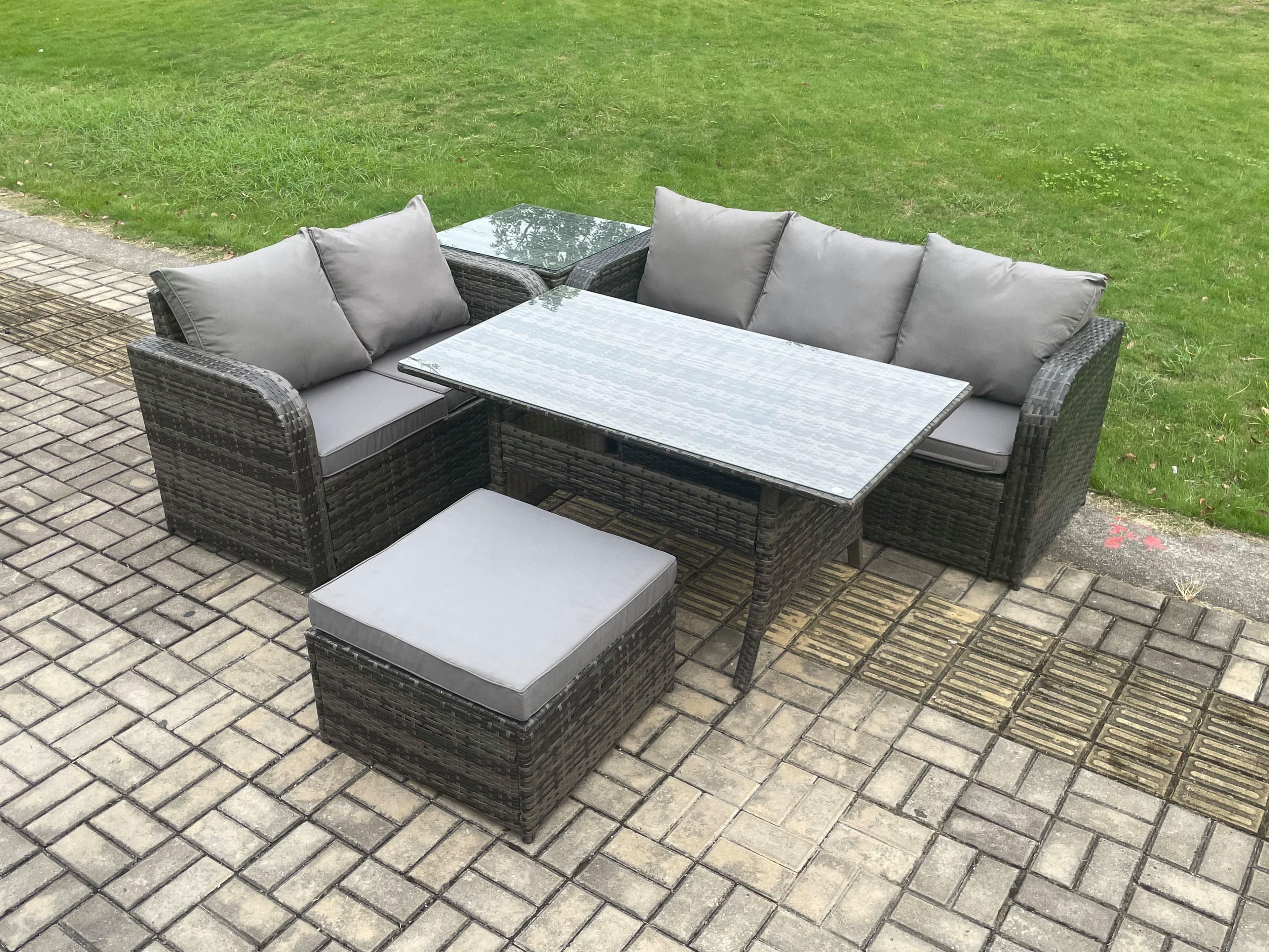 Outdoor Garden Patio Furniture Wicker Rattan Oblong Rectangular Dining Table Lounge Sofa set Side Table Big Footstool