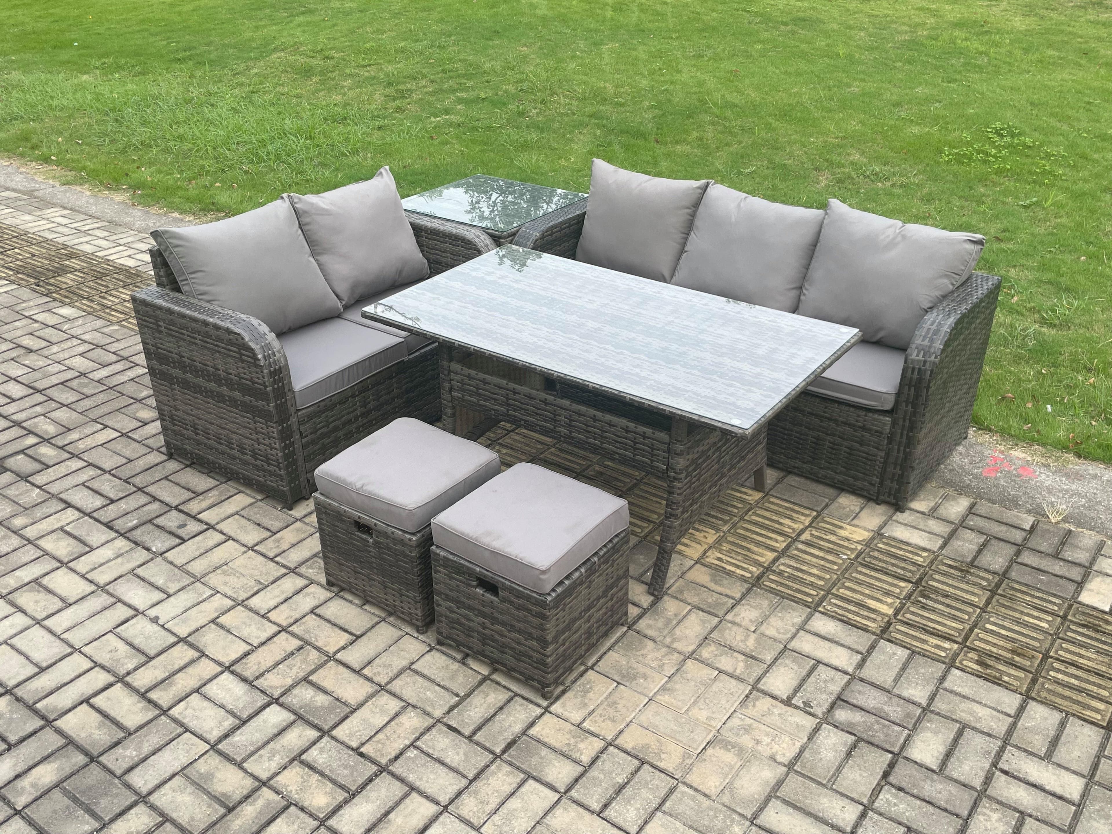 Outdoor Garden Patio Furniture Wicker Rattan Oblong Rectangular Dining Table Lounge Sofa set Side Table 2 Small Footstools