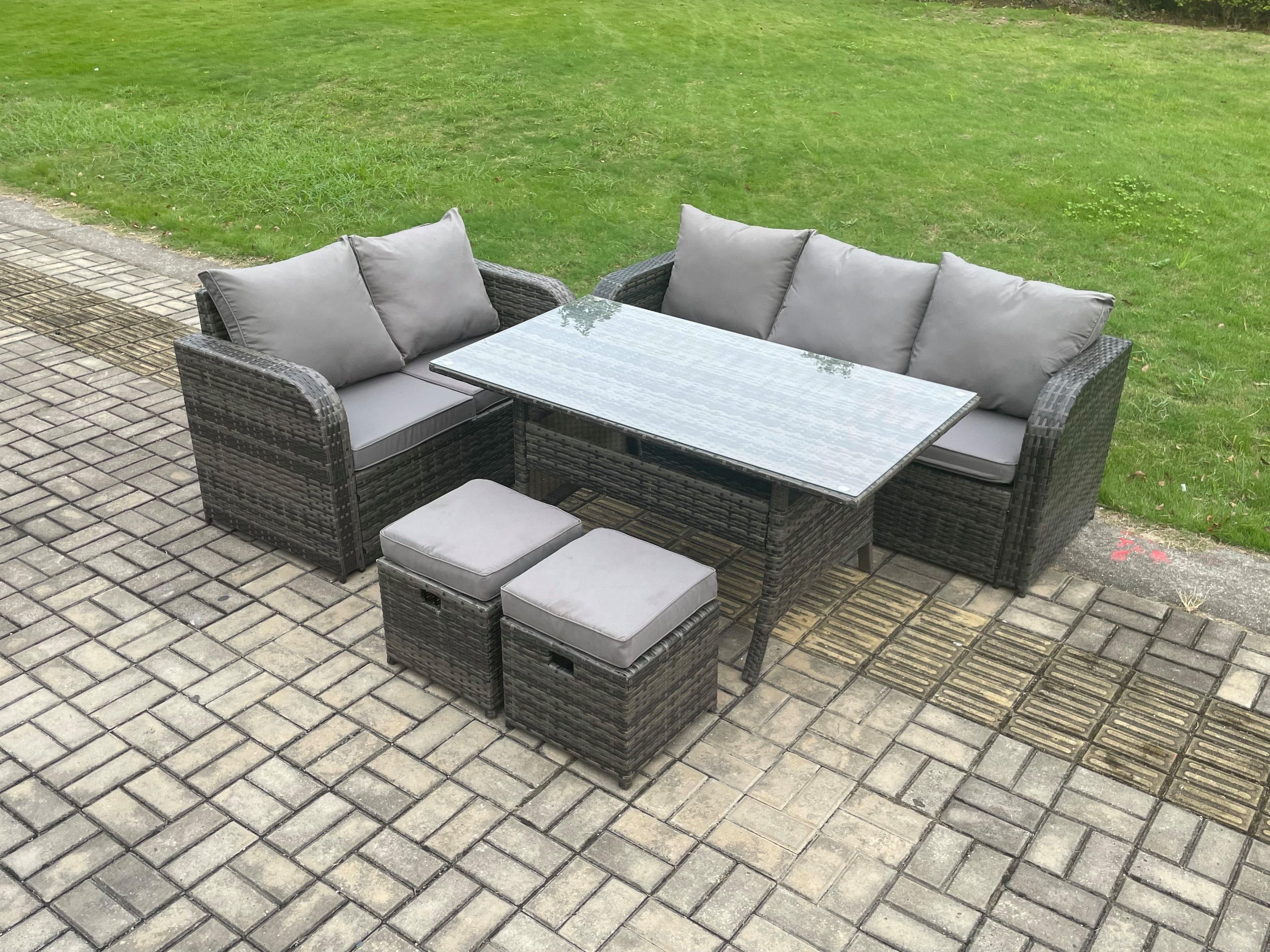 Outdoor Garden Patio Furniture Wicker Rattan Oblong Rectangular Dining Table Lounge Sofa set 2 Small Footstools Dark Grey Mixed