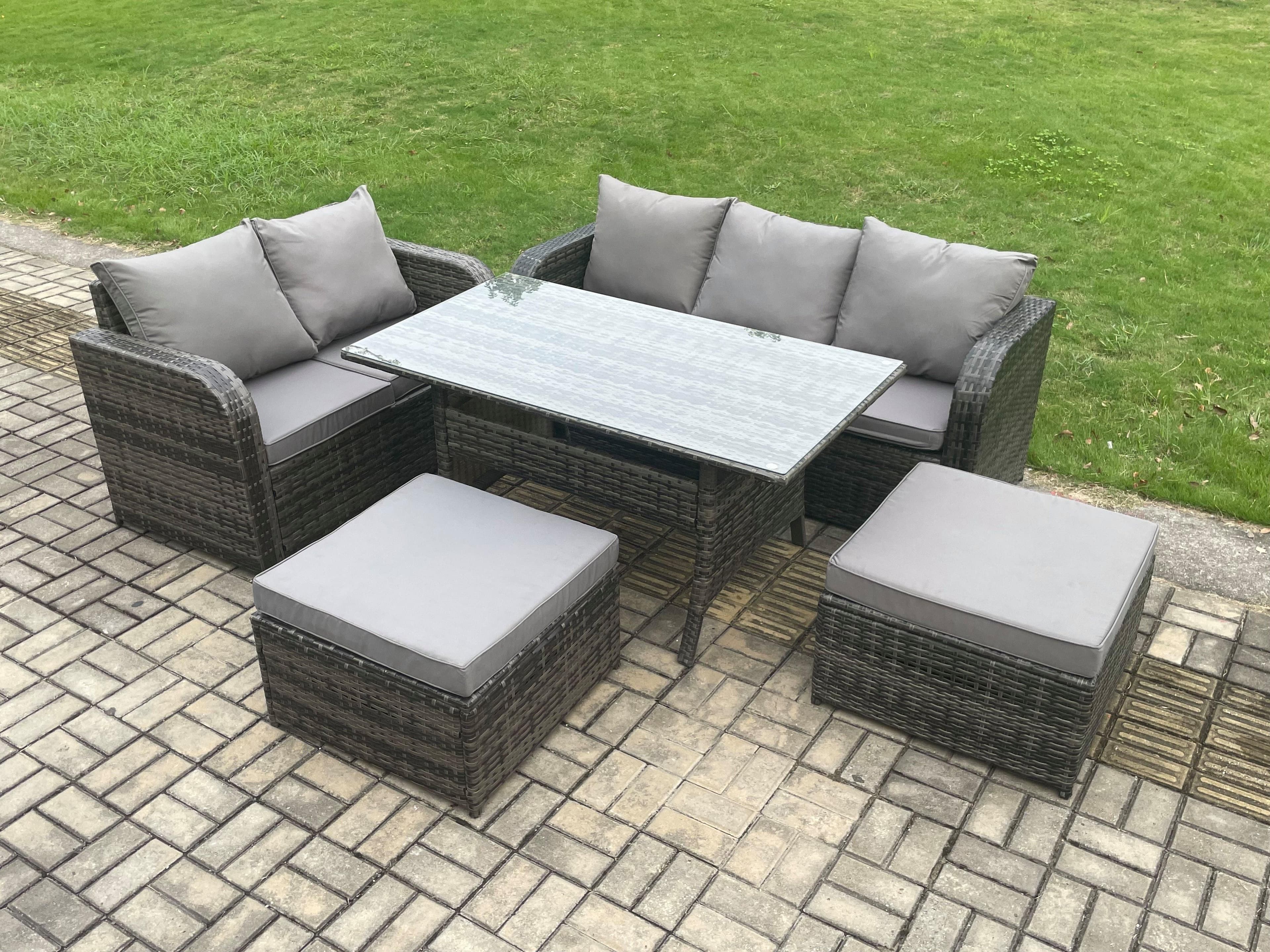 Outdoor Garden Patio Furniture Wicker Rattan Oblong Rectangular Dining Table Lounge Sofa set 2 Big Footstool Dark Grey Mixed