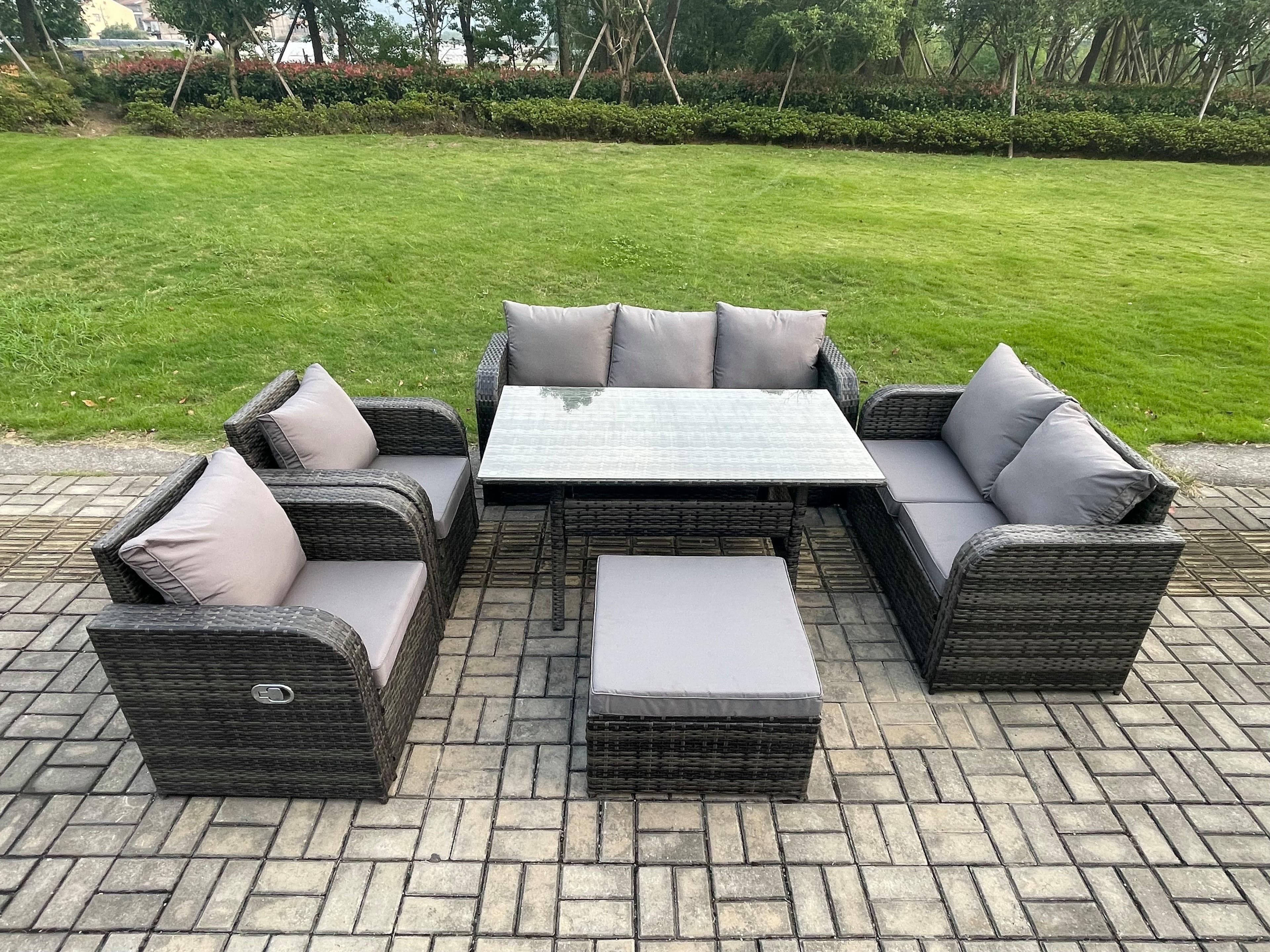 Dark Grey PE Wicker Rattan Garden Furniture Set Reclining Chair Love Sofa 2 Seater Sofa Set Outdoor Rectangular Dining Table Big Stools