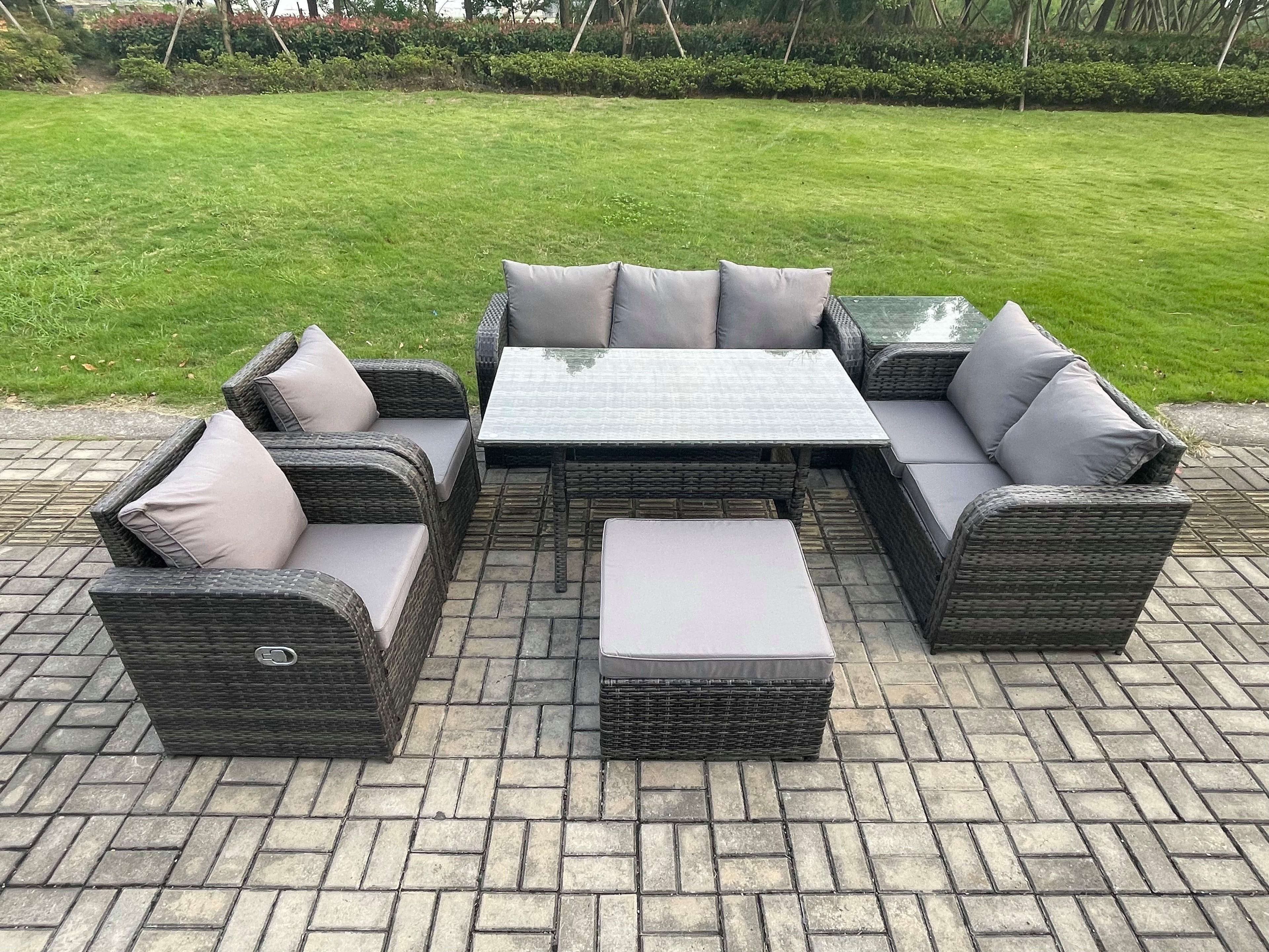 Dark Grey Wicker Rattan Garden Furniture Set Reclining Chair Love Sofa 2 Seater Sofa Set Outdoor Rectangular Dining Table Side Table 8 Seater