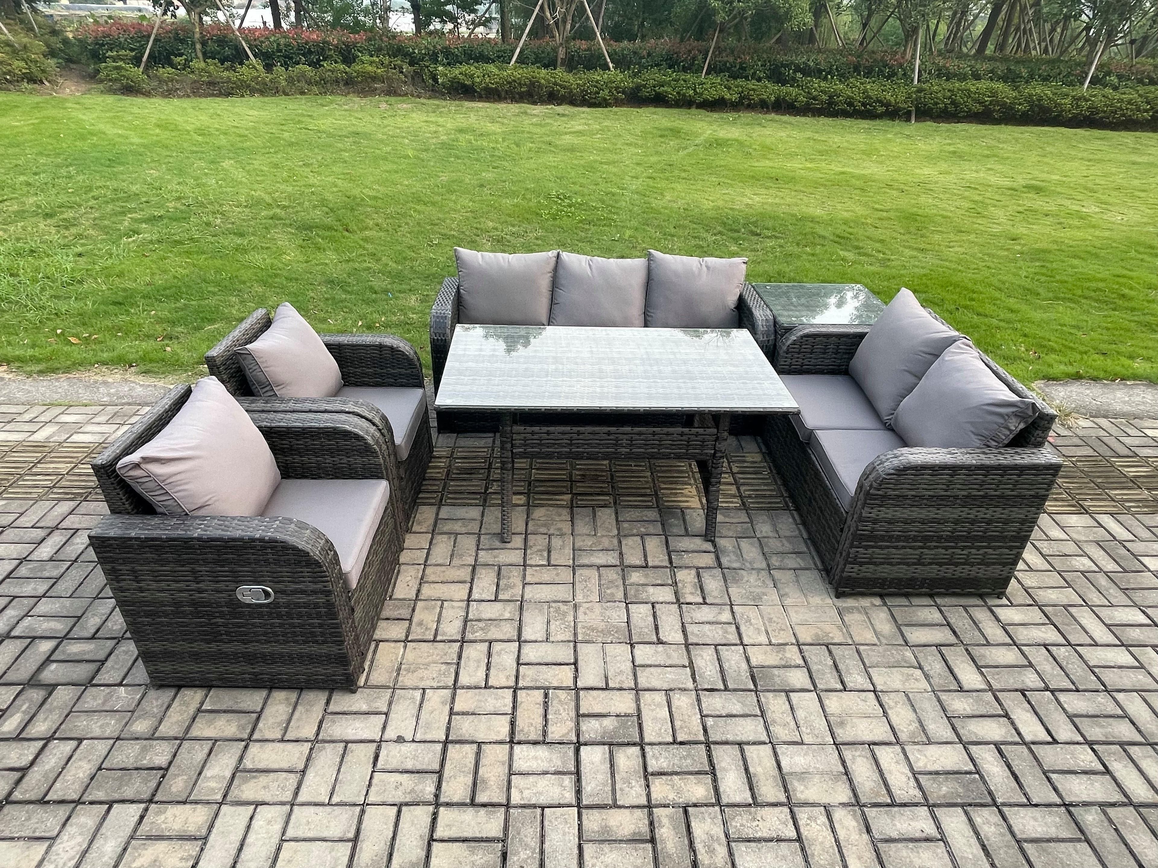 Dark Grey PE Wicker Rattan Garden Furniture Set Reclining Chair Love Sofa 2 Seater Sofa Set Outdoor Rectangular Dining Table Side Table