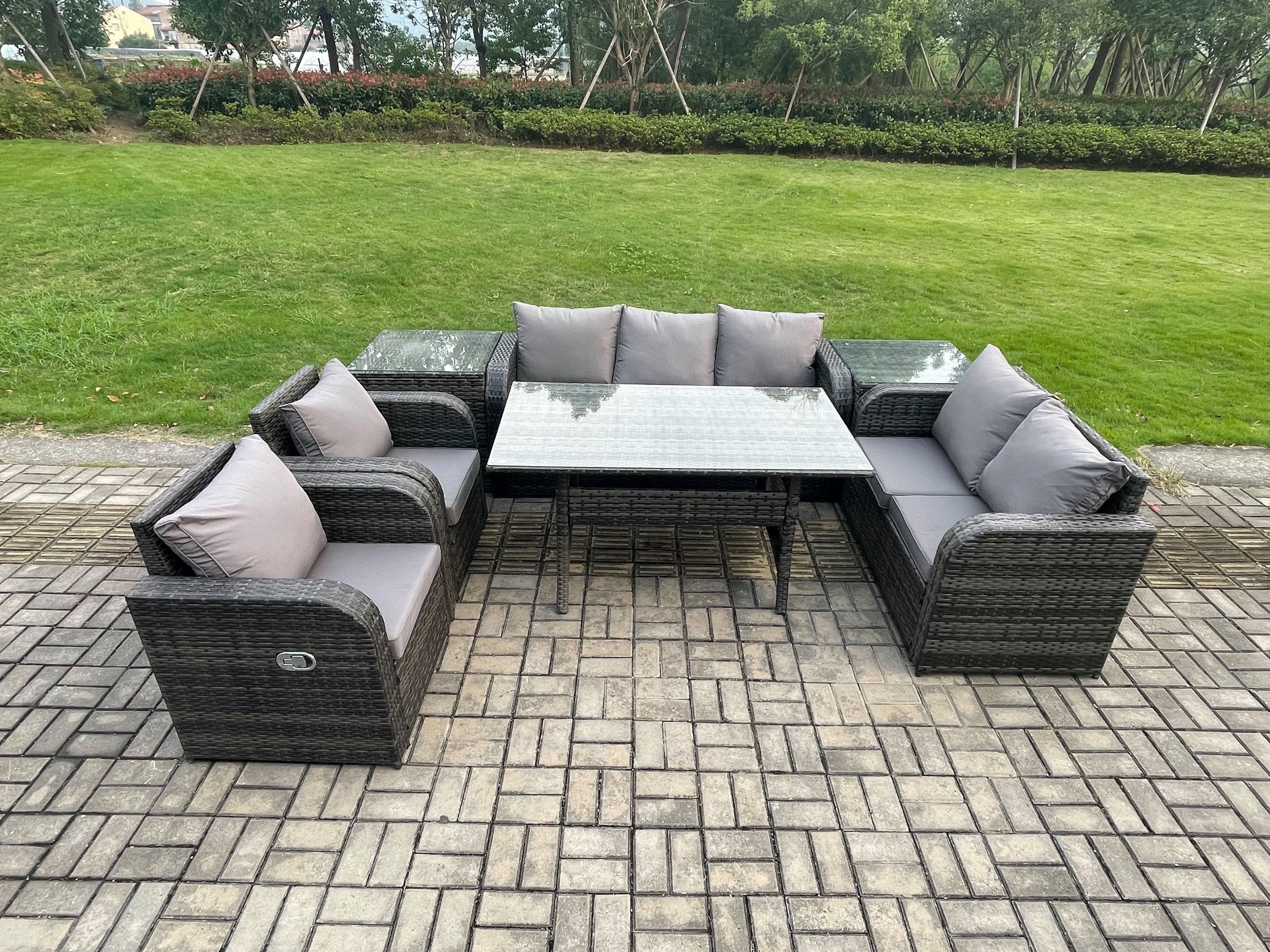 Dark Grey Rattan Garden Furniture Set Reclining Chair Love Sofa 2 Seater Sofa Set Outdoor Rectangular Dining Table 2 Side Tables 7 Seater