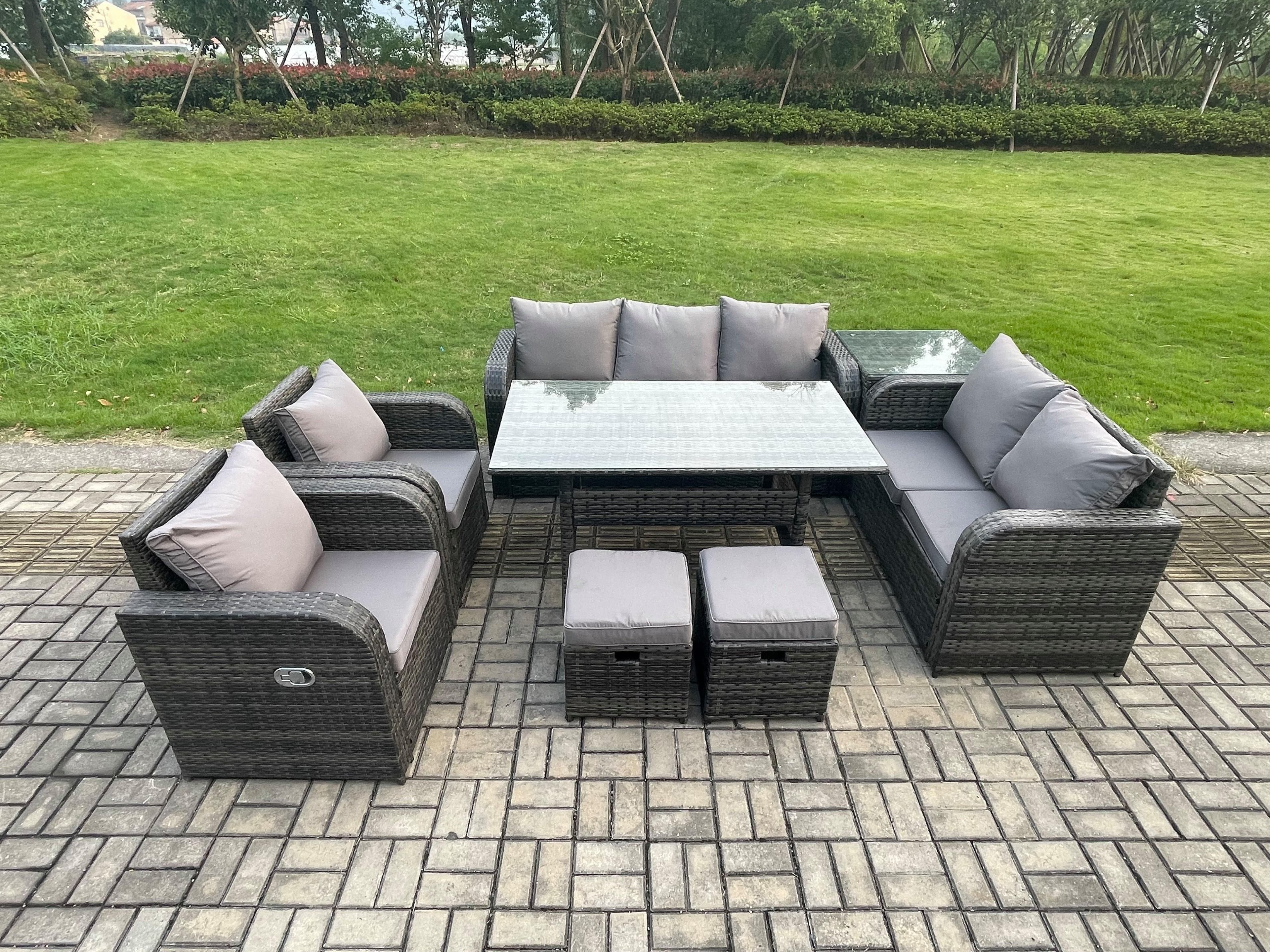 Dark Grey PE Wicker Rattan Garden Furniture Set Reclining Chair Love Sofa 2 Seater Sofa Set Outdoor Rectangular Dining Table Small Footstools