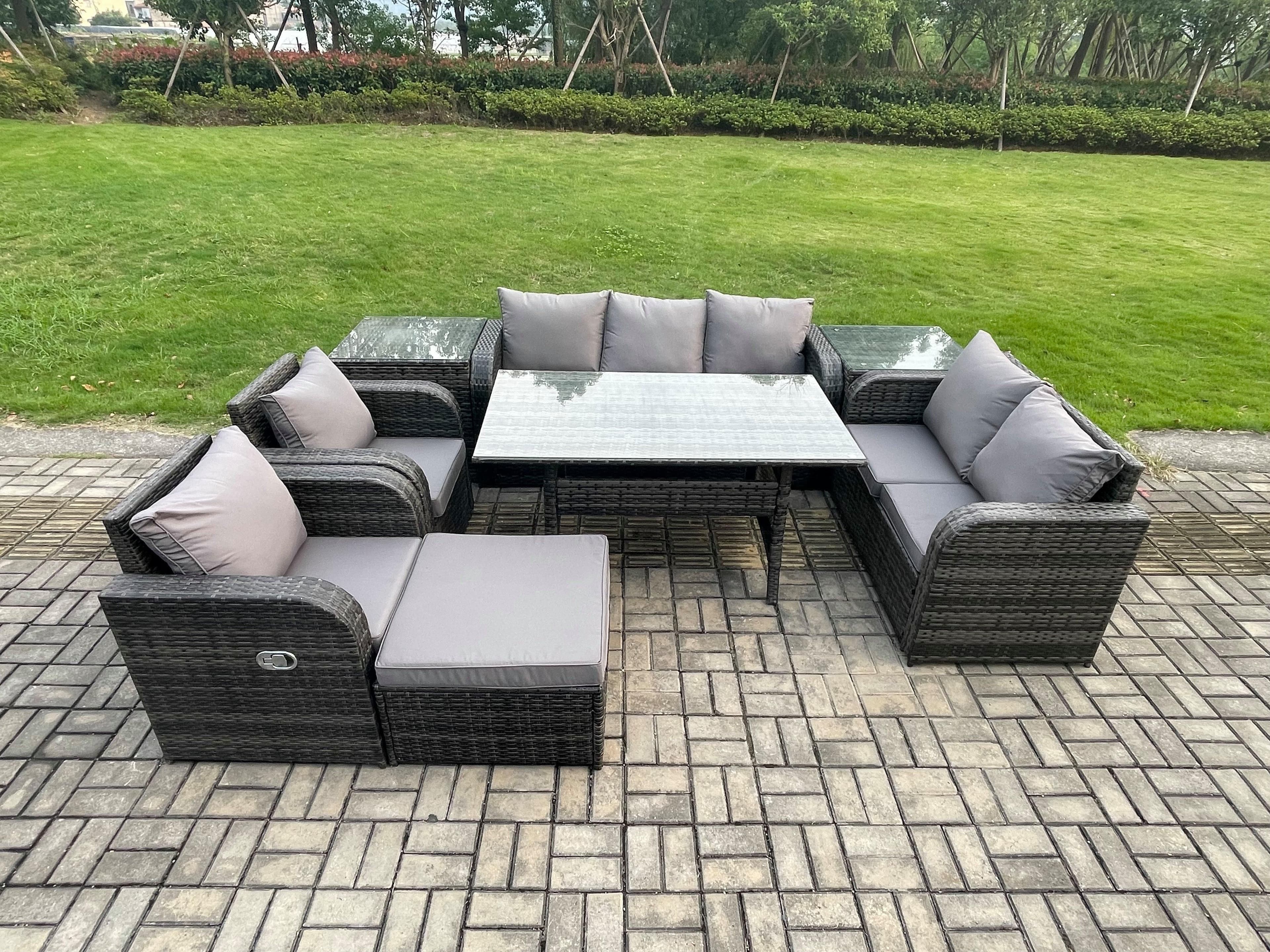 Dark Grey PE Wicker Rattan Garden Furniture Set Reclining Chair Love Sofa 2 Seater Sofa Set Outdoor Rectangular Dining Table Big Footstool