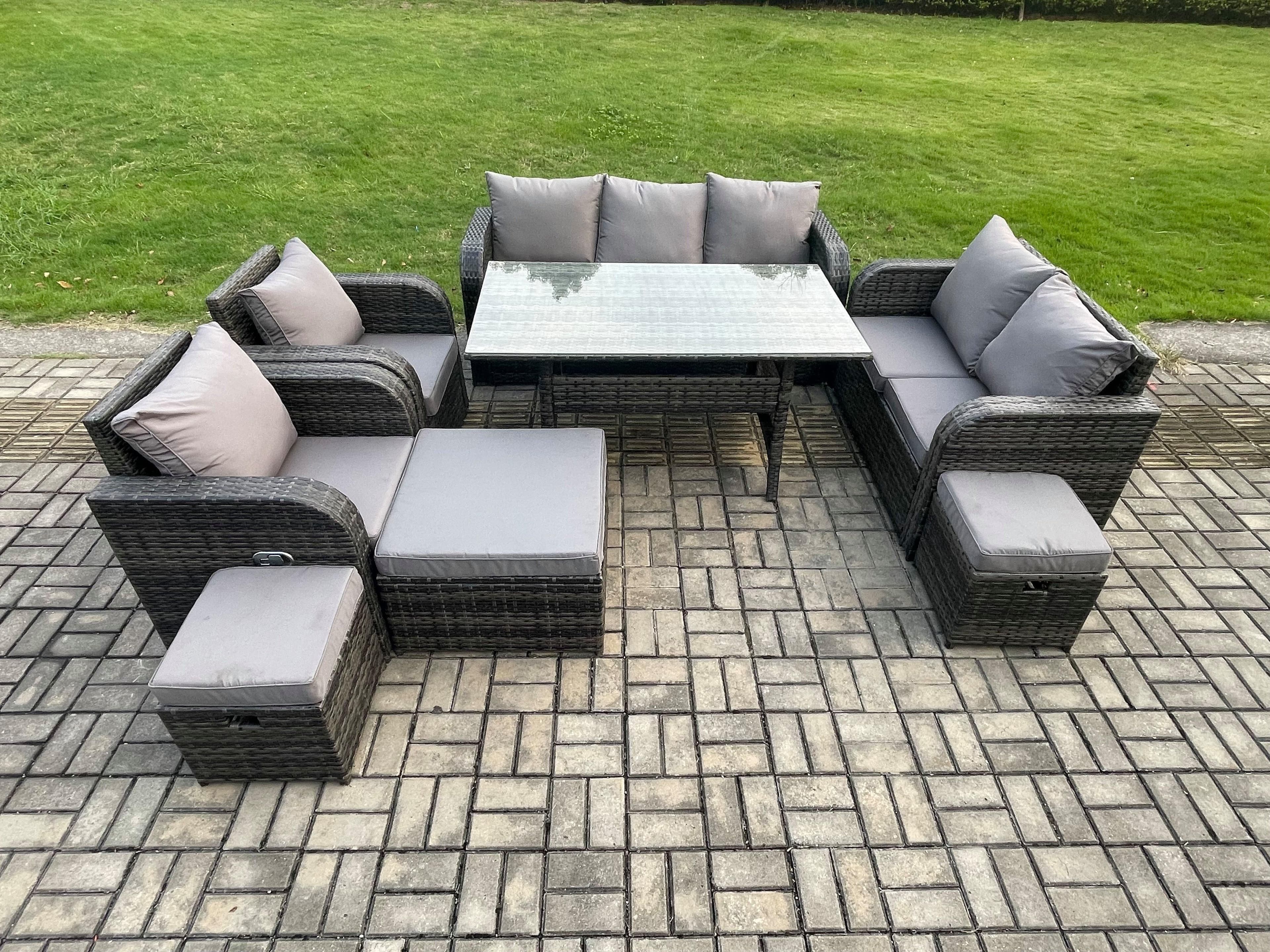Dark Grey PE Wicker Rattan Garden Furniture Set Reclining Chair Love Sofa 2 Seater Sofa Set Outdoor Rectangular Dining Table 3 Footstools