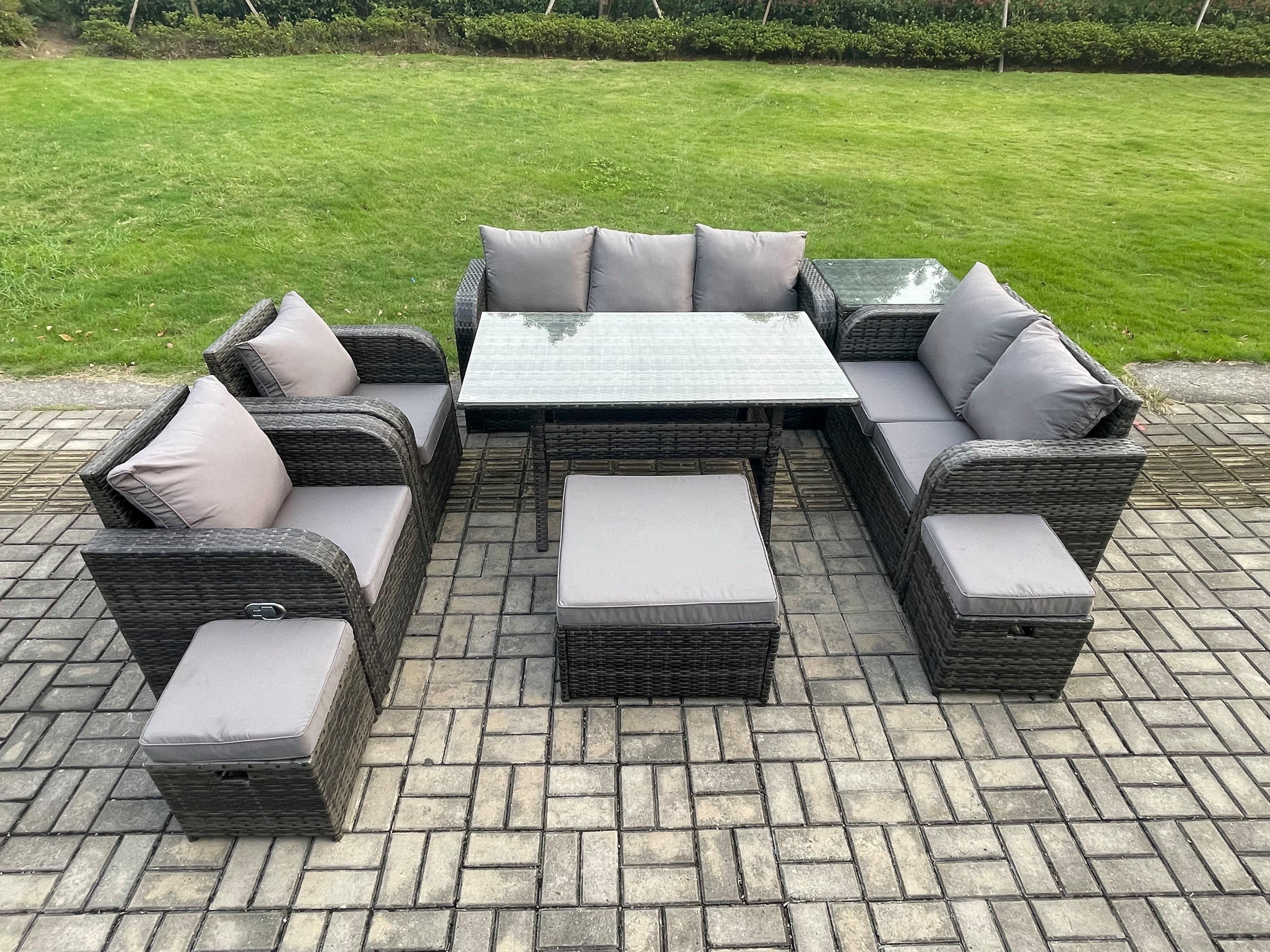 10 Seater Garden Rattan Furniture Dining Table Sofa Set Indoor Outdoor 2 Reclining Chairs Side Table 3 Footstools Dark Grey Mixed