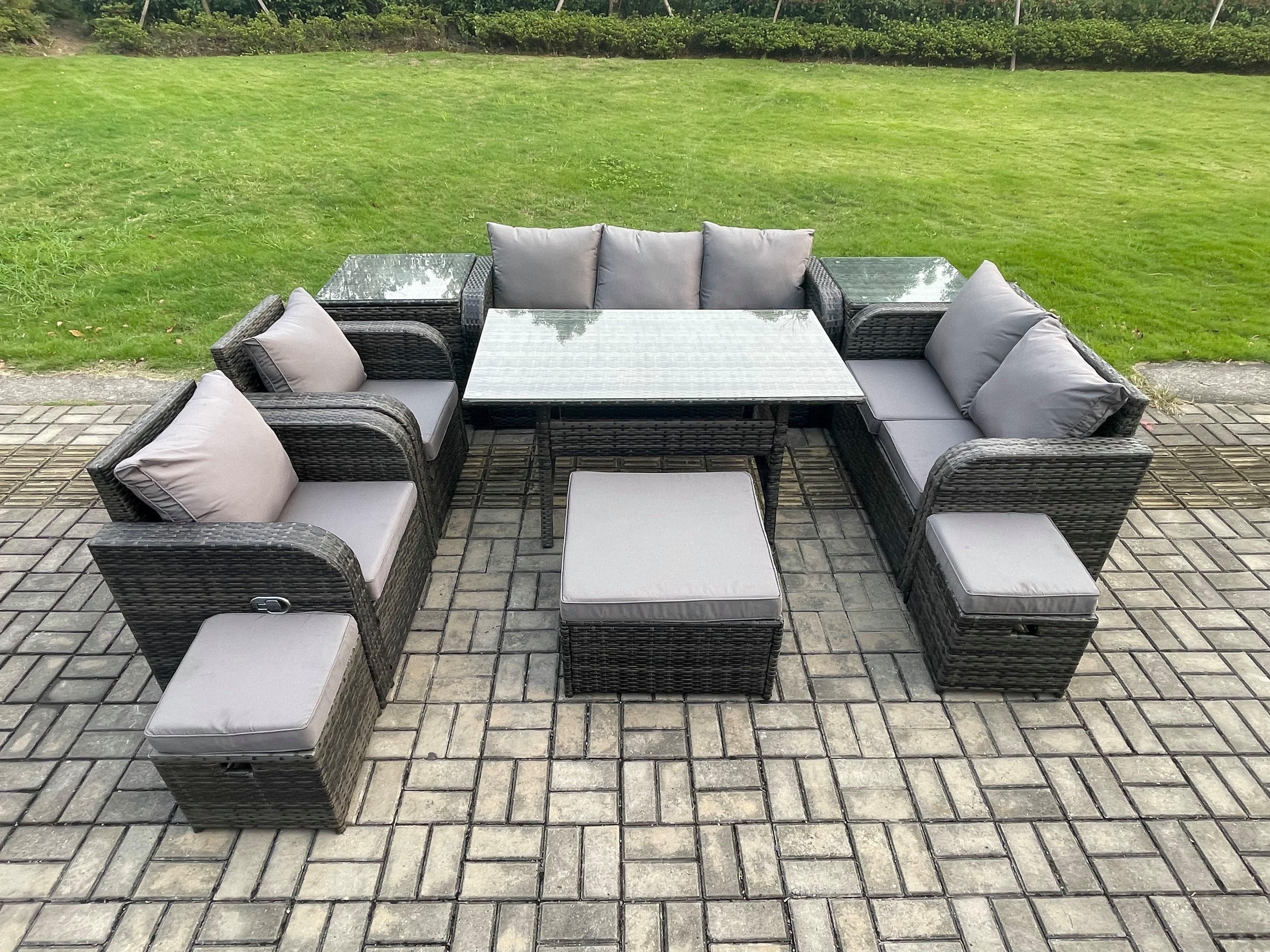 10 Seater Garden Rattan Furniture Dining Table Sofa Set Indoor Outdoor 2 Reclining Chairs 2 Side Tables 3 Footstools Dark Grey Mixed