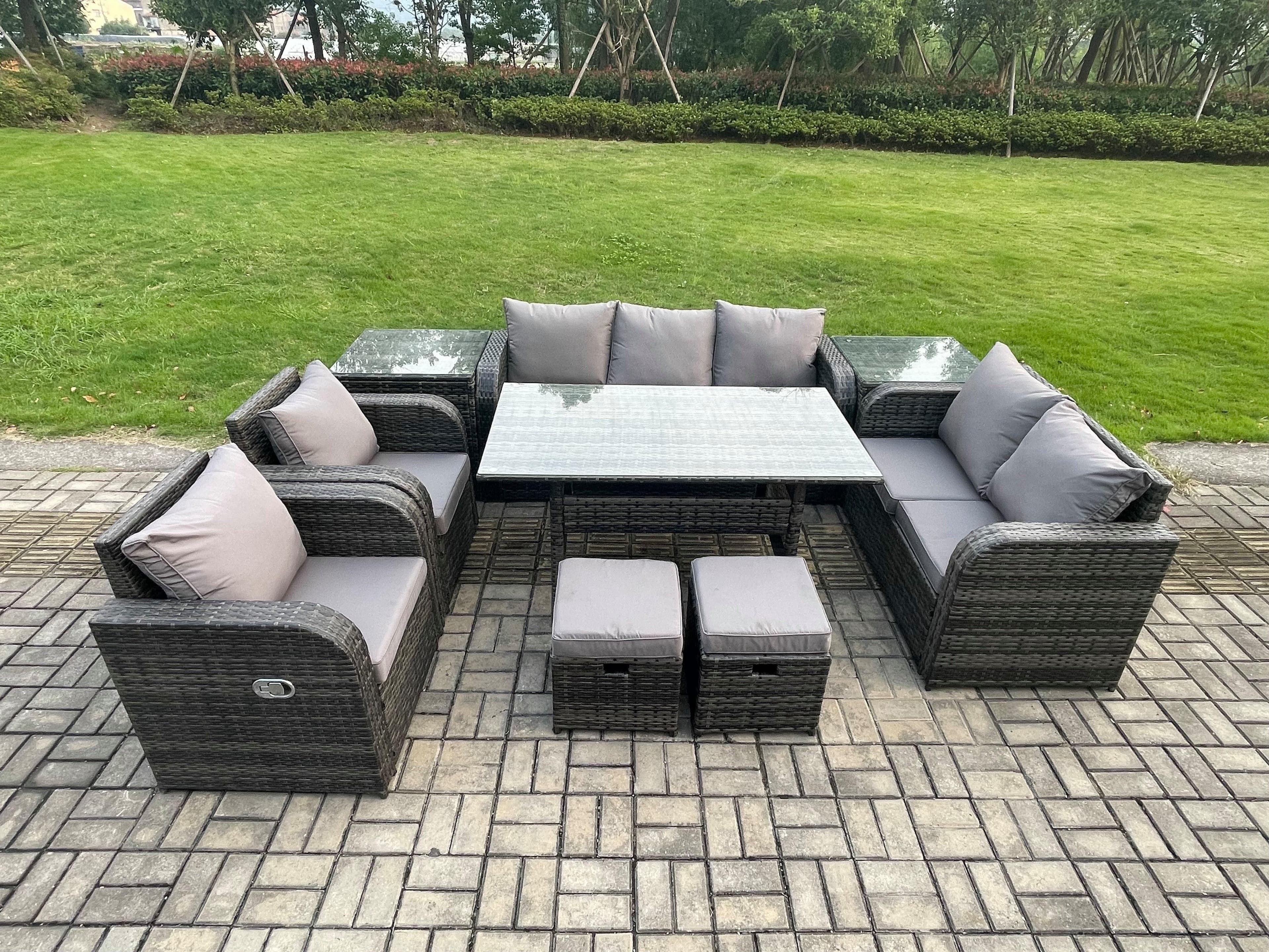 9 Seater Garden Rattan Furniture Dining Table Sofa Set Indoor Outdoor 2 Reclining Chairs 2 Side Tables 2 Small Footstools