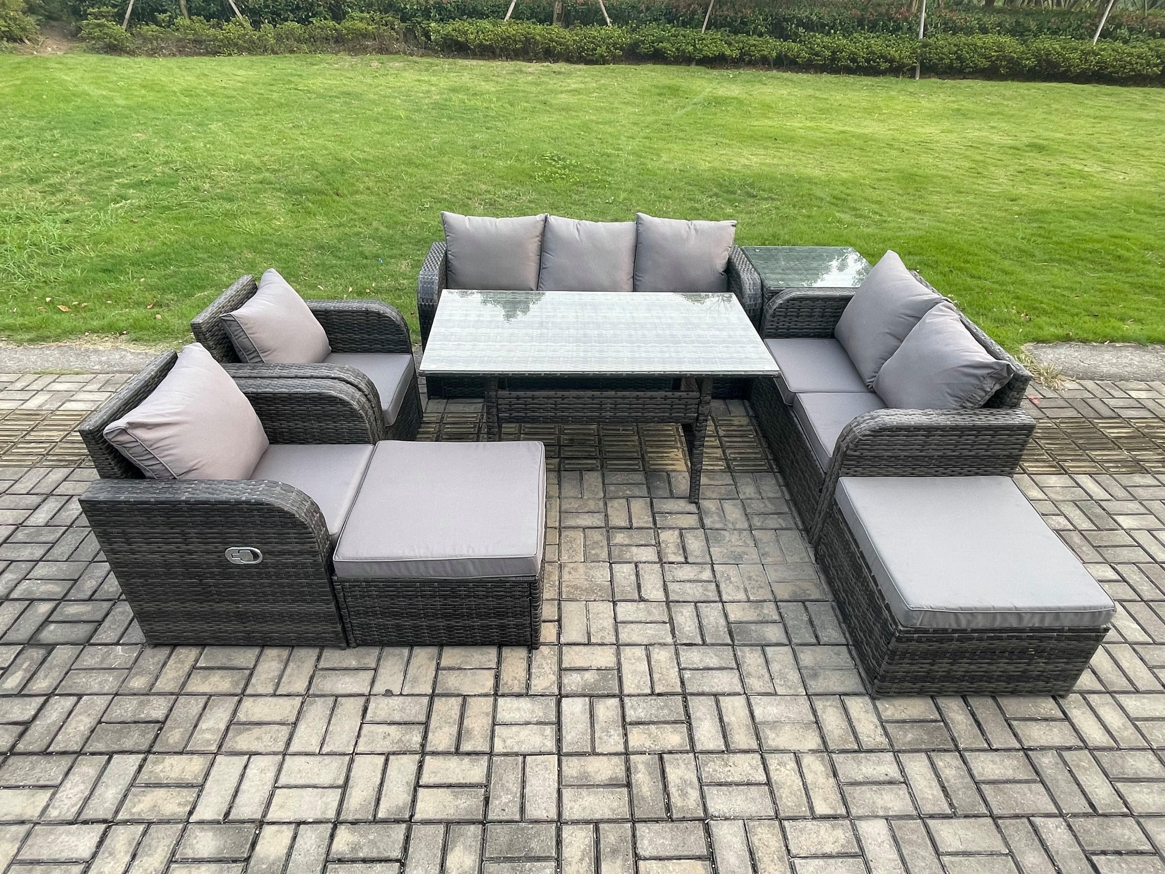 9 Seater Garden Rattan Furniture Dining Table Sofa Set Indoor Outdoor 2 Reclining Chairs Side Tables 2 Big Footstool Dark Grey Mixed