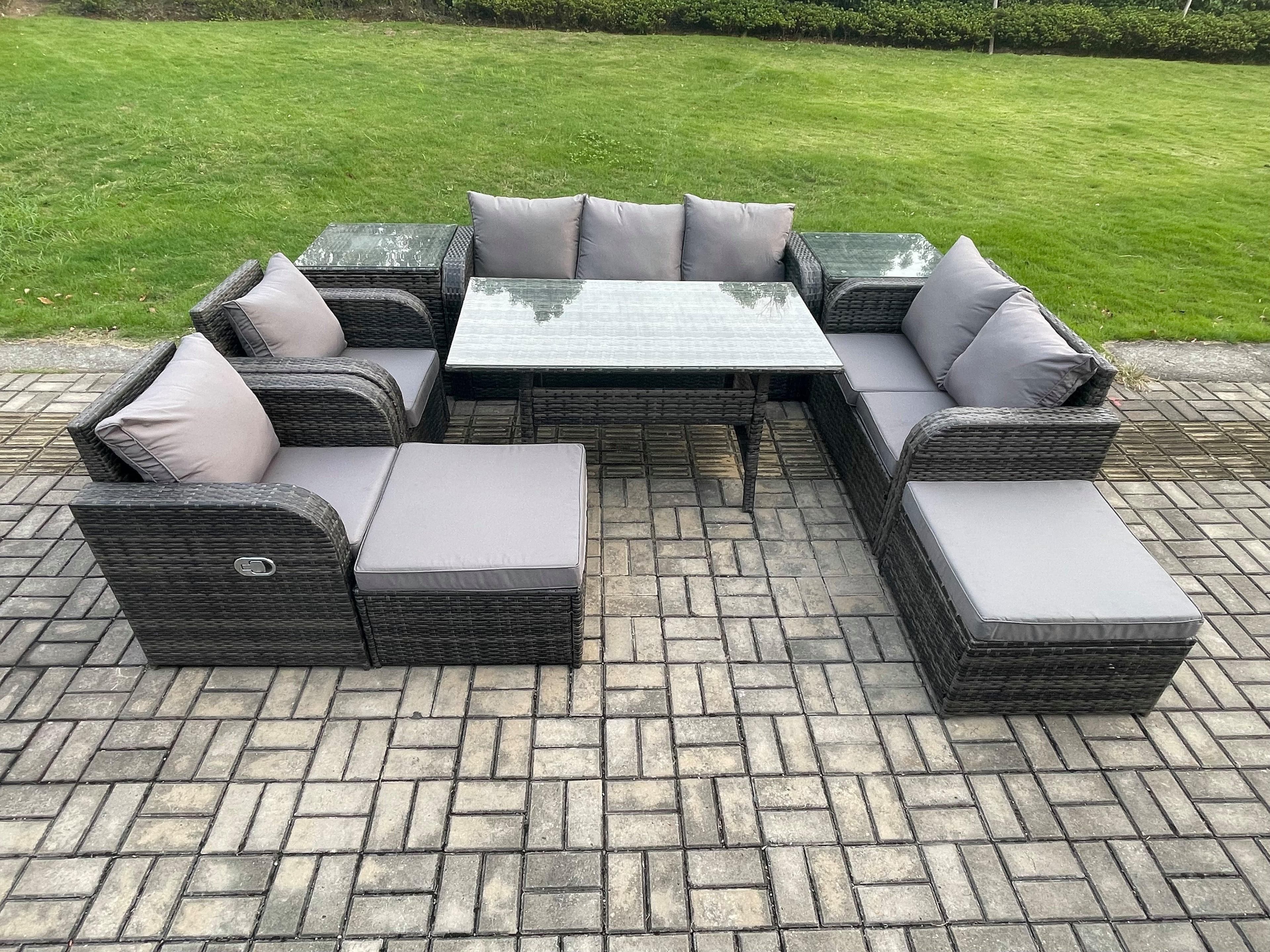 9 Seater Garden Rattan Furniture Dining Table Sofa Set Indoor Outdoor 2 Reclining Chairs 2 Side Tables 2 Big Footstool Dark Grey Mixed