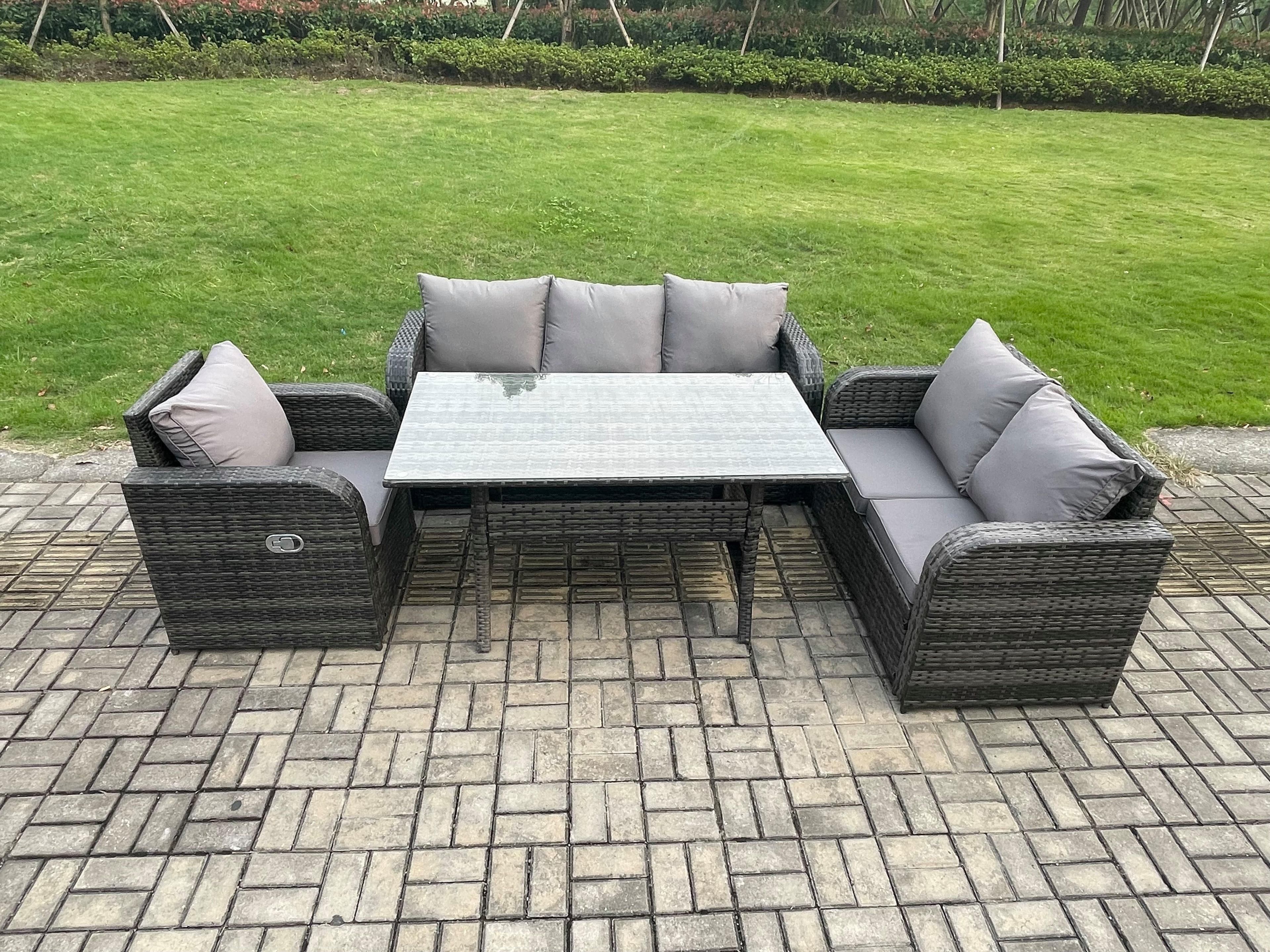 6 Seater Garden Rattan Furniture Dining Table Sofa Set Indoor Outdoor Reclining Chairs Dark Grey Mixed