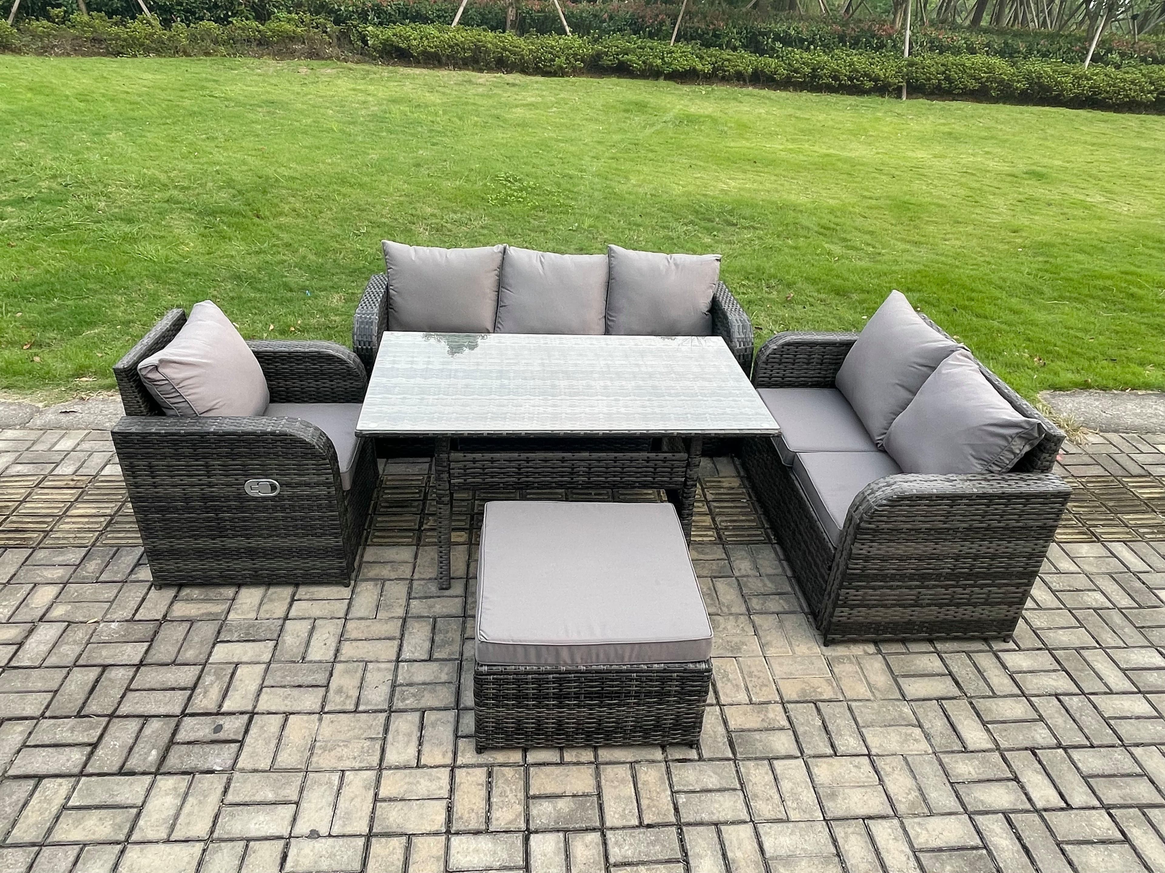 7 Seater Garden Rattan Furniture Dining Table Sofa Set Indoor Outdoor Reclining Chairs Big Footstool Dark Grey Mixed