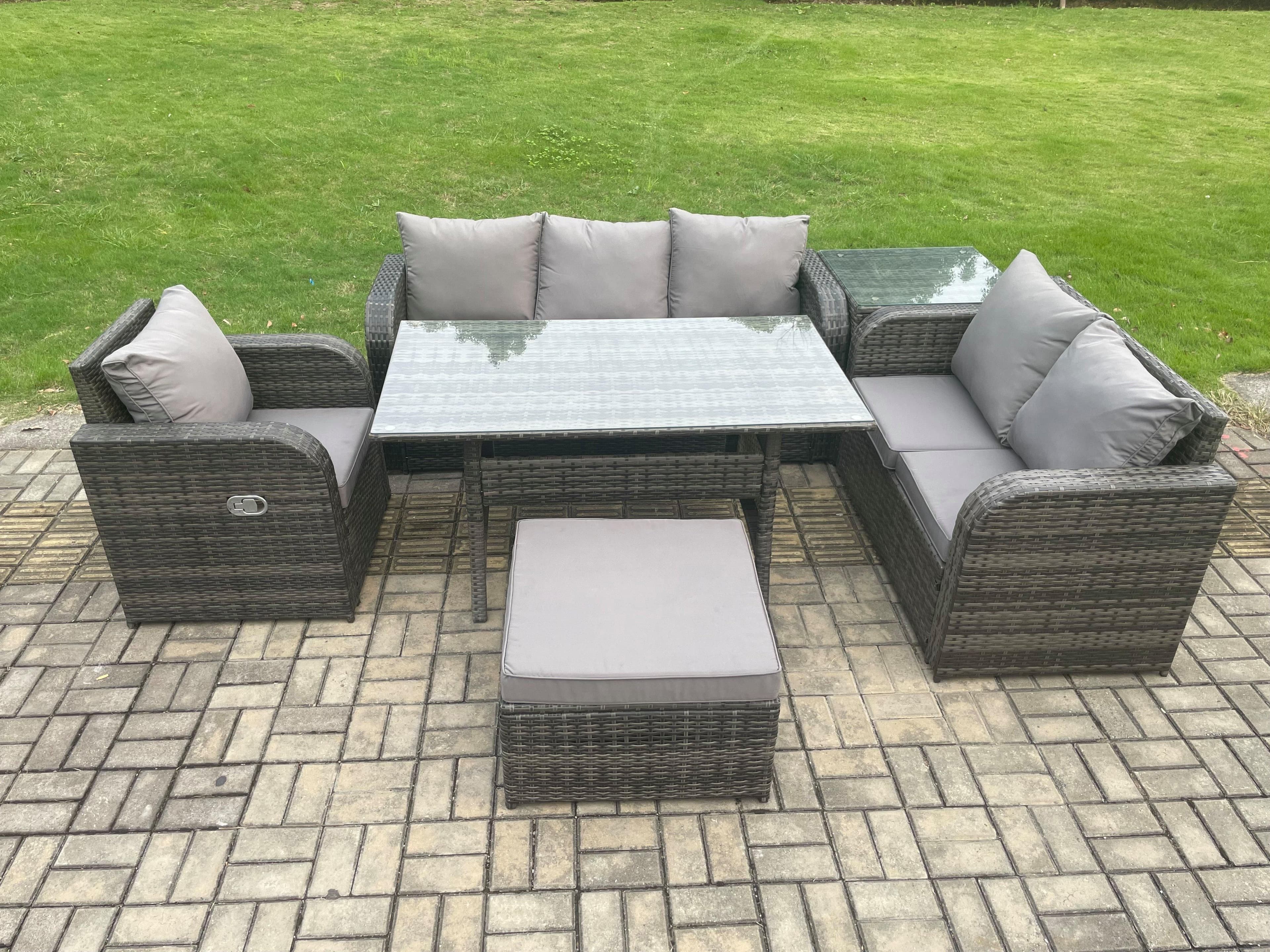 7 Seater Garden Rattan Furniture Dining Table Sofa Set Indoor Outdoor Reclining Chairs Big Footstool Side Table Dark Grey Mixed