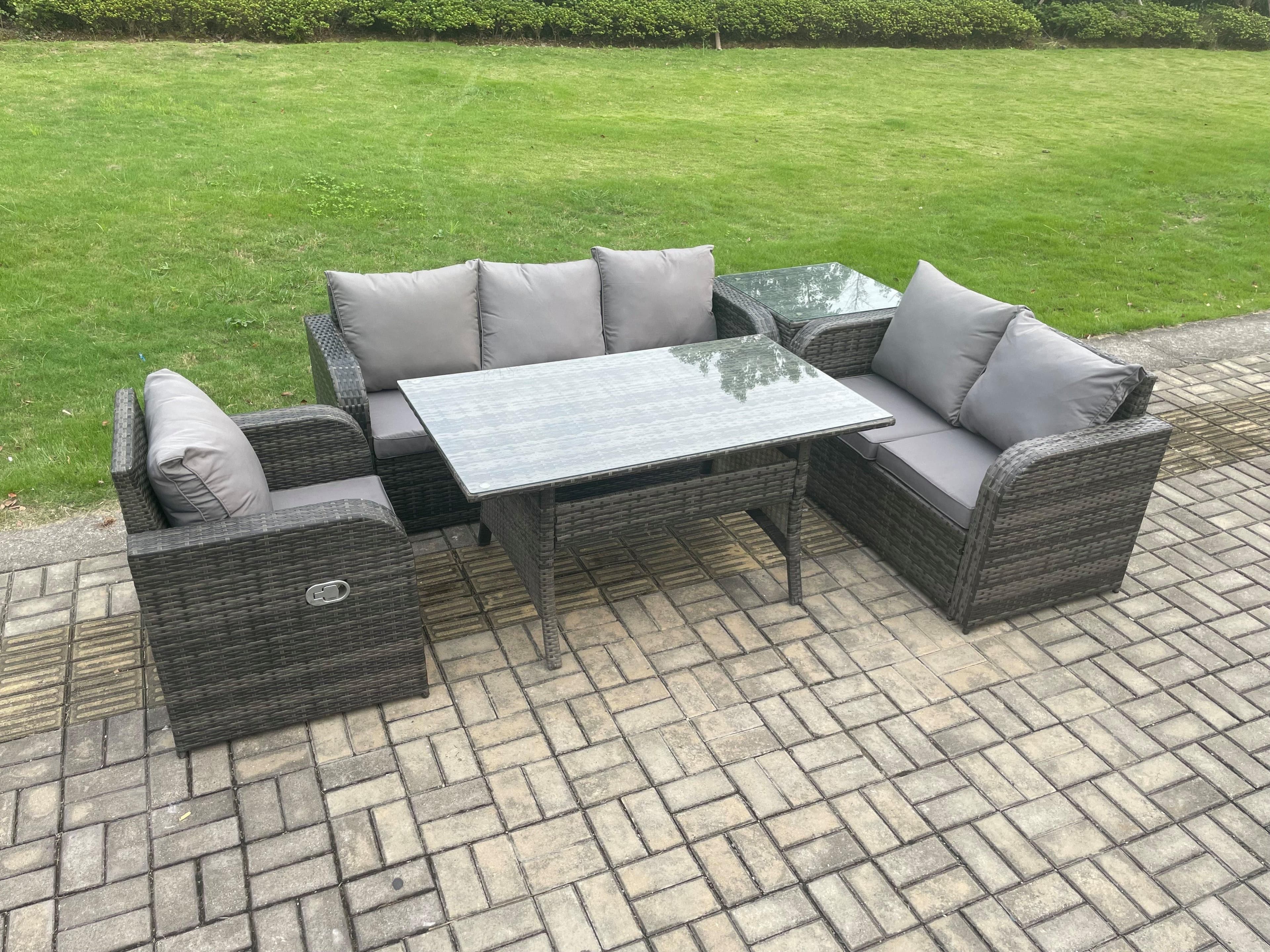 6 Seater Garden Rattan Furniture Dining Table Sofa Set Indoor Outdoor Reclining Chairs Side Table Dark Grey Mixed