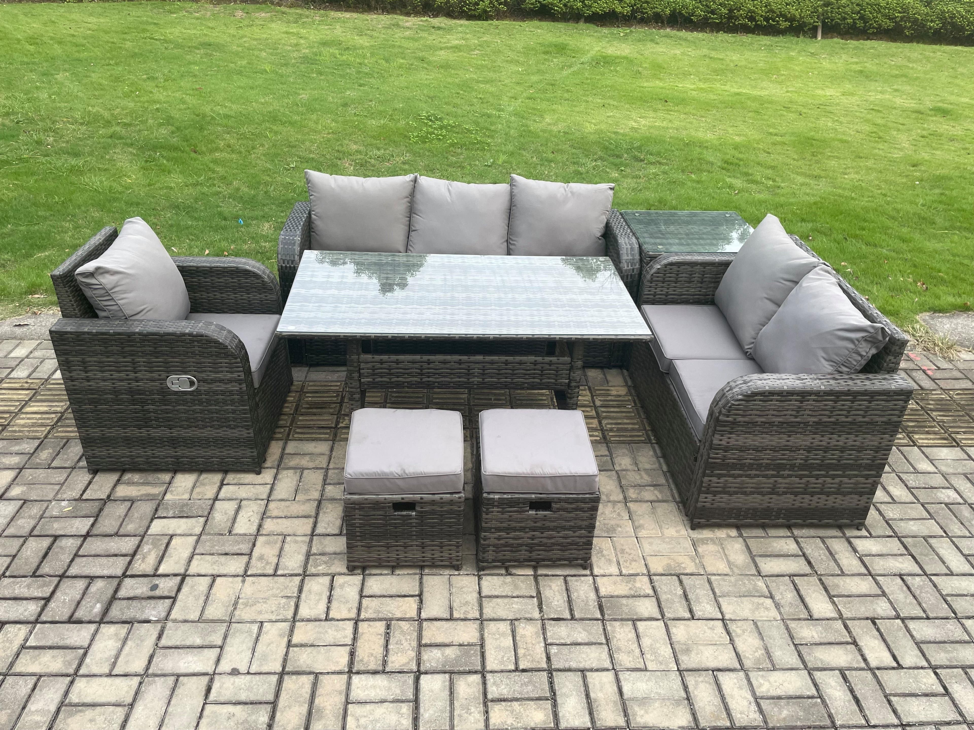 8 Seater Garden Rattan Furniture Dining Table Sofa Set Indoor Outdoor Reclining Chairs Side Table 2 Small Footstools Dark Grey Mixed
