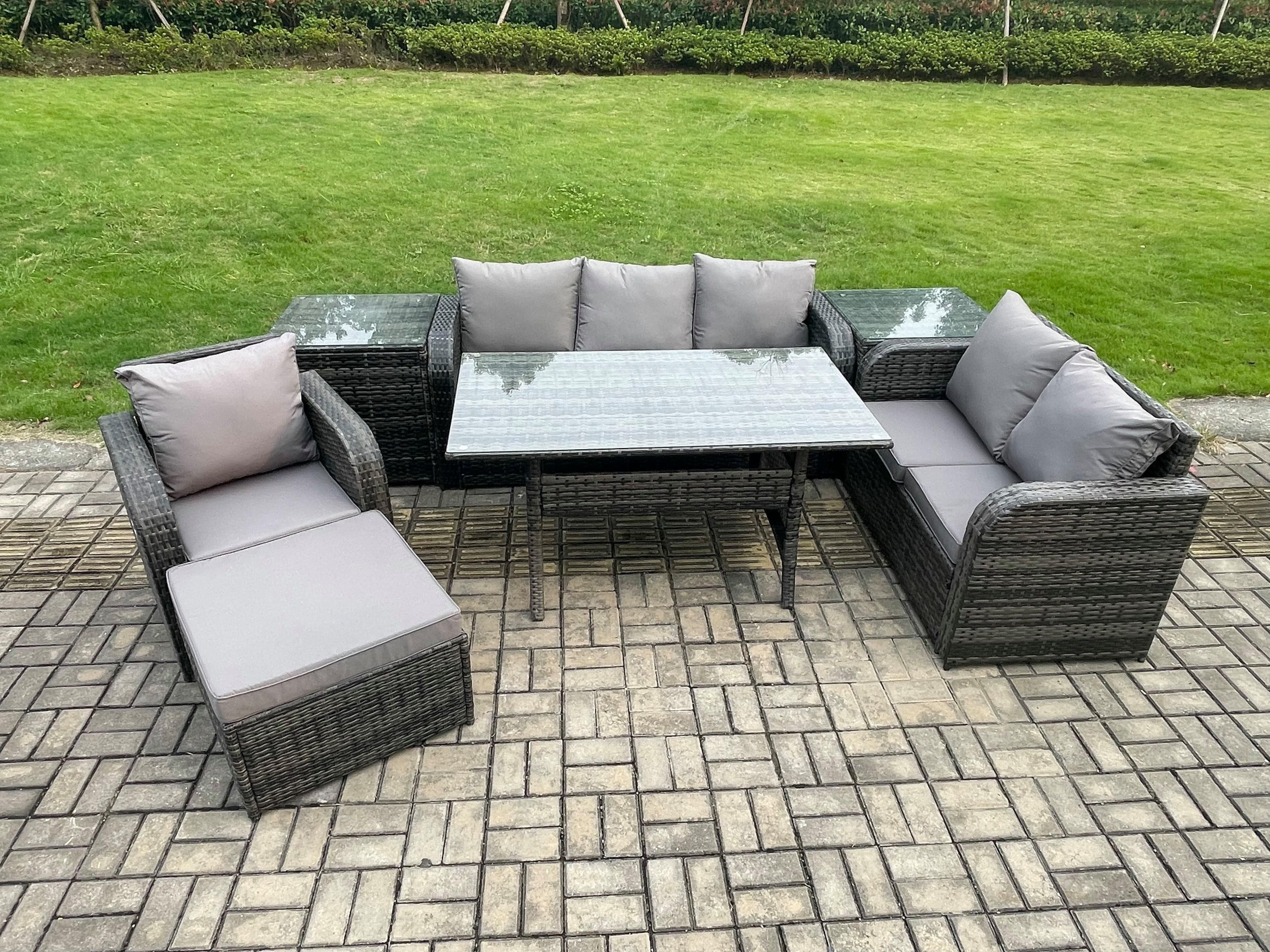 7 Piece Rattan Garden Furniture Set Patio Sofa Rectangular Dining Table 2 Side Table Big Footstool Indoor Conservatory Patio Set