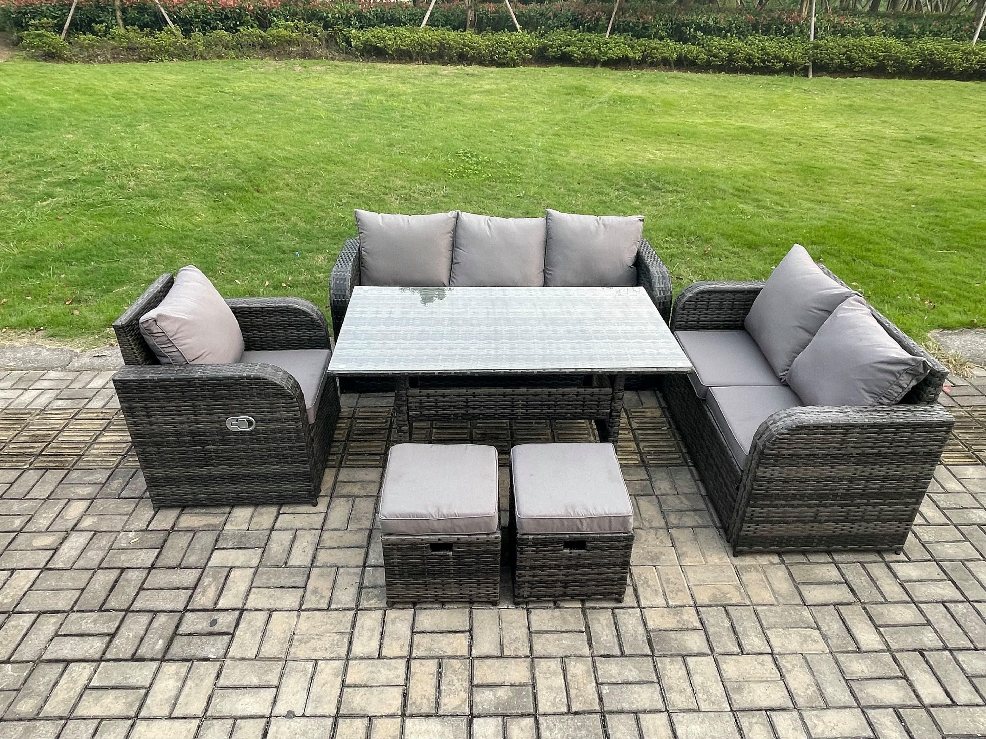 8 Seater Rattan Garden Furniture Set Patio Sofa Rectangular Dining Table 2 Small Footstools Indoor Conservatory Patio Set