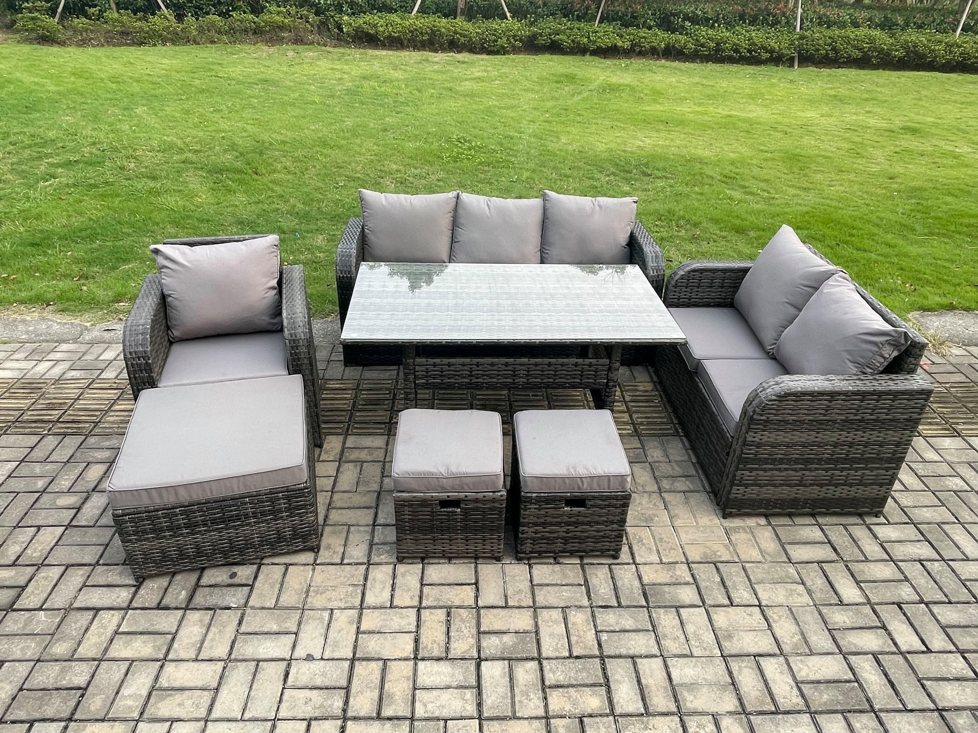 7 Piece Rattan Garden Furniture Set Patio Sofa Rectangular Dining Table 3 Small Footstools Indoor Conservatory Patio Set