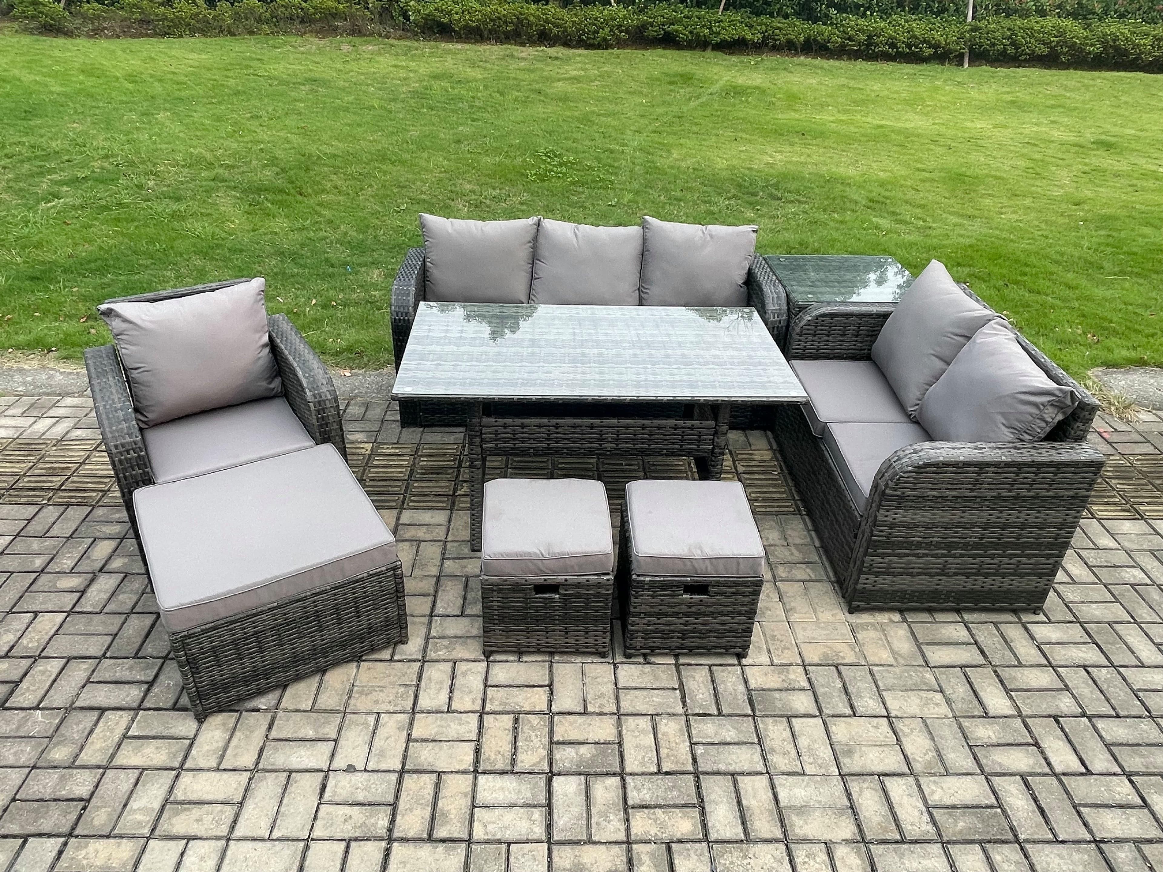 8 Piece Rattan Garden Furniture Set Patio Sofa Rectangular Dining Table Side Table 3 Small Footstools Indoor Conservatory Patio Set