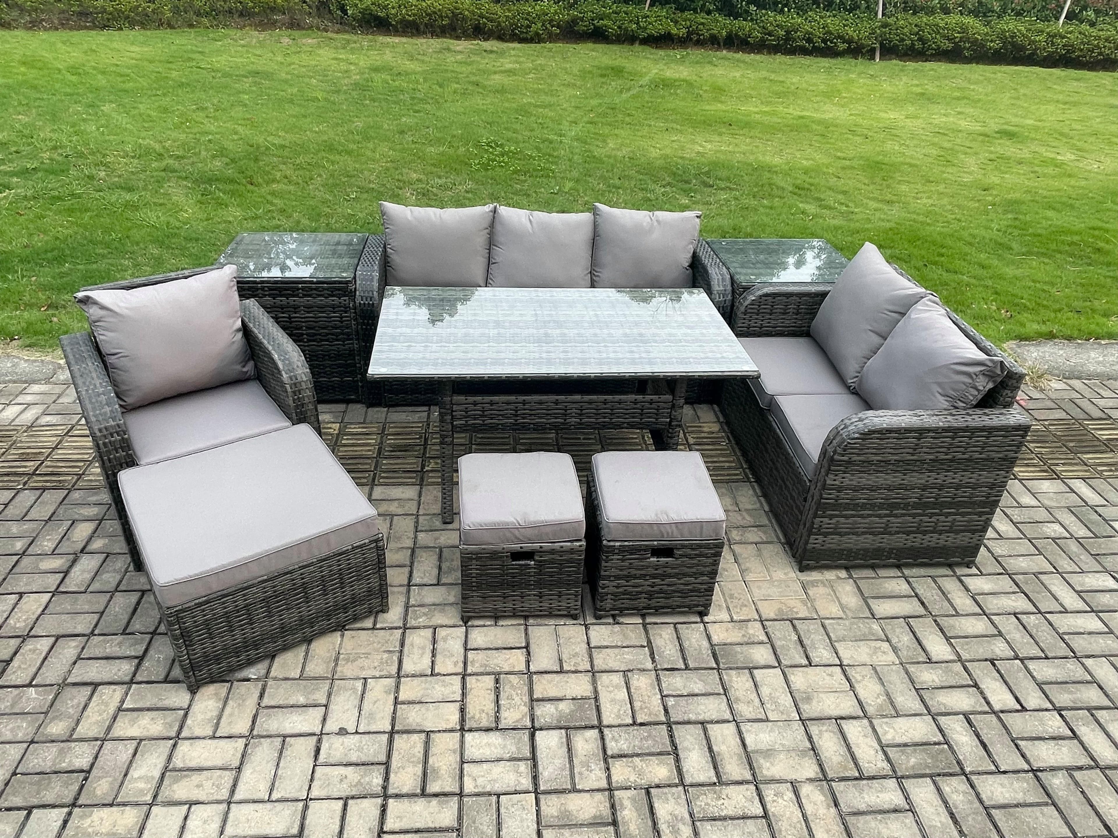 9 Piece Garden Rattan Furniture Dining Table Sofa Set Indoor Outdoor Reclining Chairs 2 Side Tables 3 Footstools Dark Grey Mixed