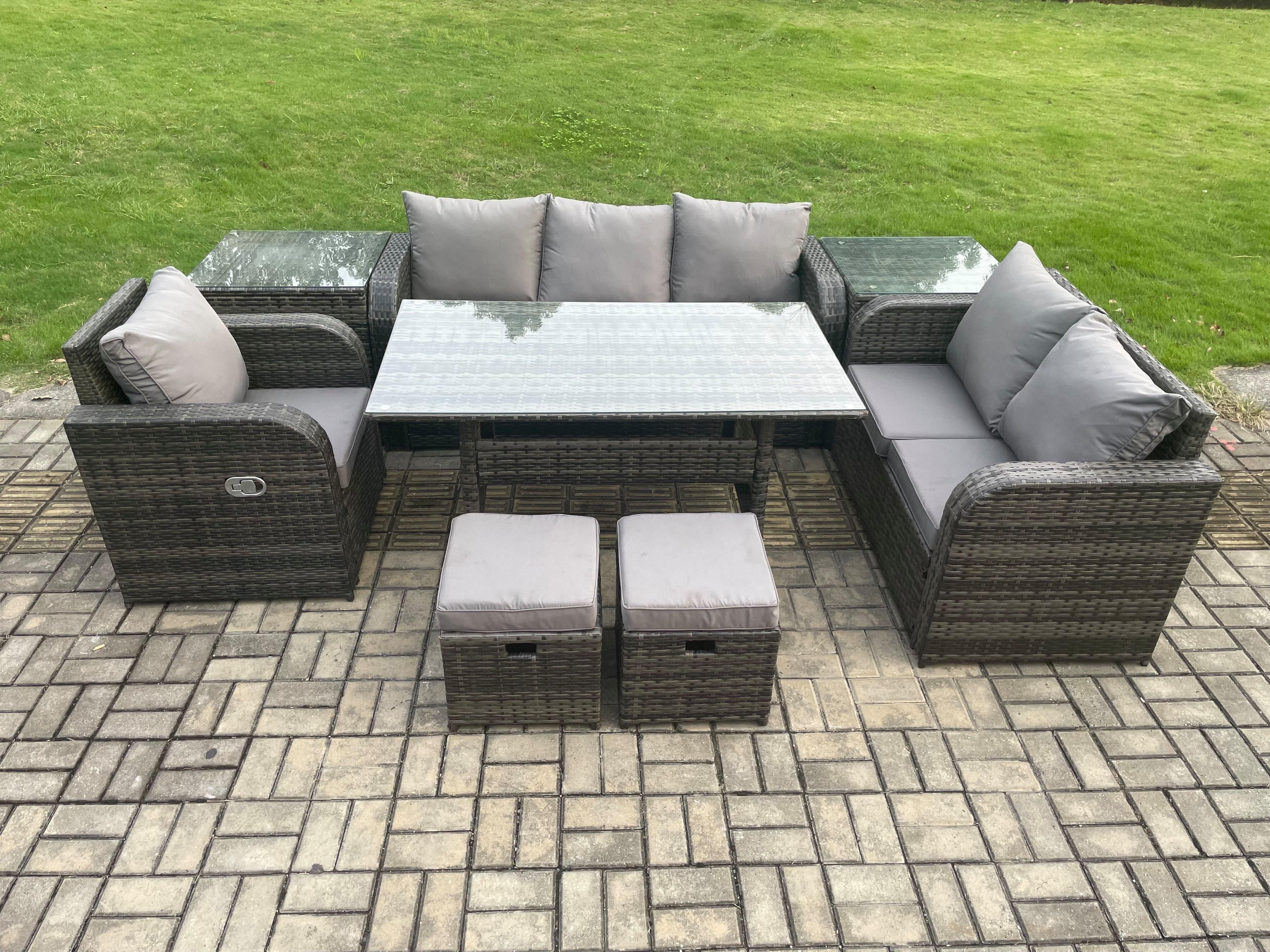 8 Seater Garden Rattan Furniture Dining Table Sofa Set Indoor Outdoor Reclining Chairs 2 Side Tables 2 Small Footstools Dark Grey Mixed