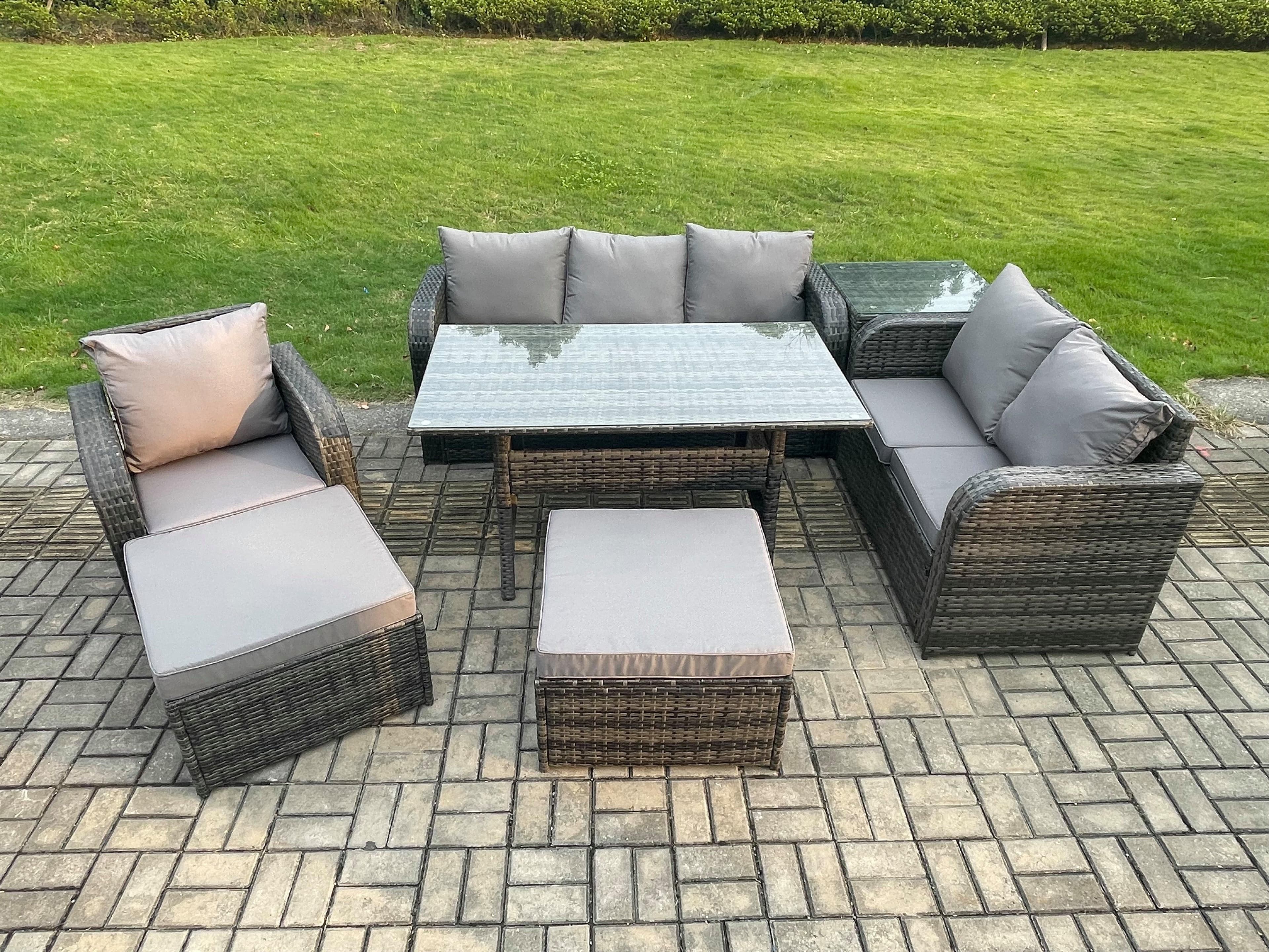 7 Piece Rattan Garden Furniture Set Patio Sofa Rectangular Dining Table Side Table 2 Big Footstool Indoor Conservatory Patio Set