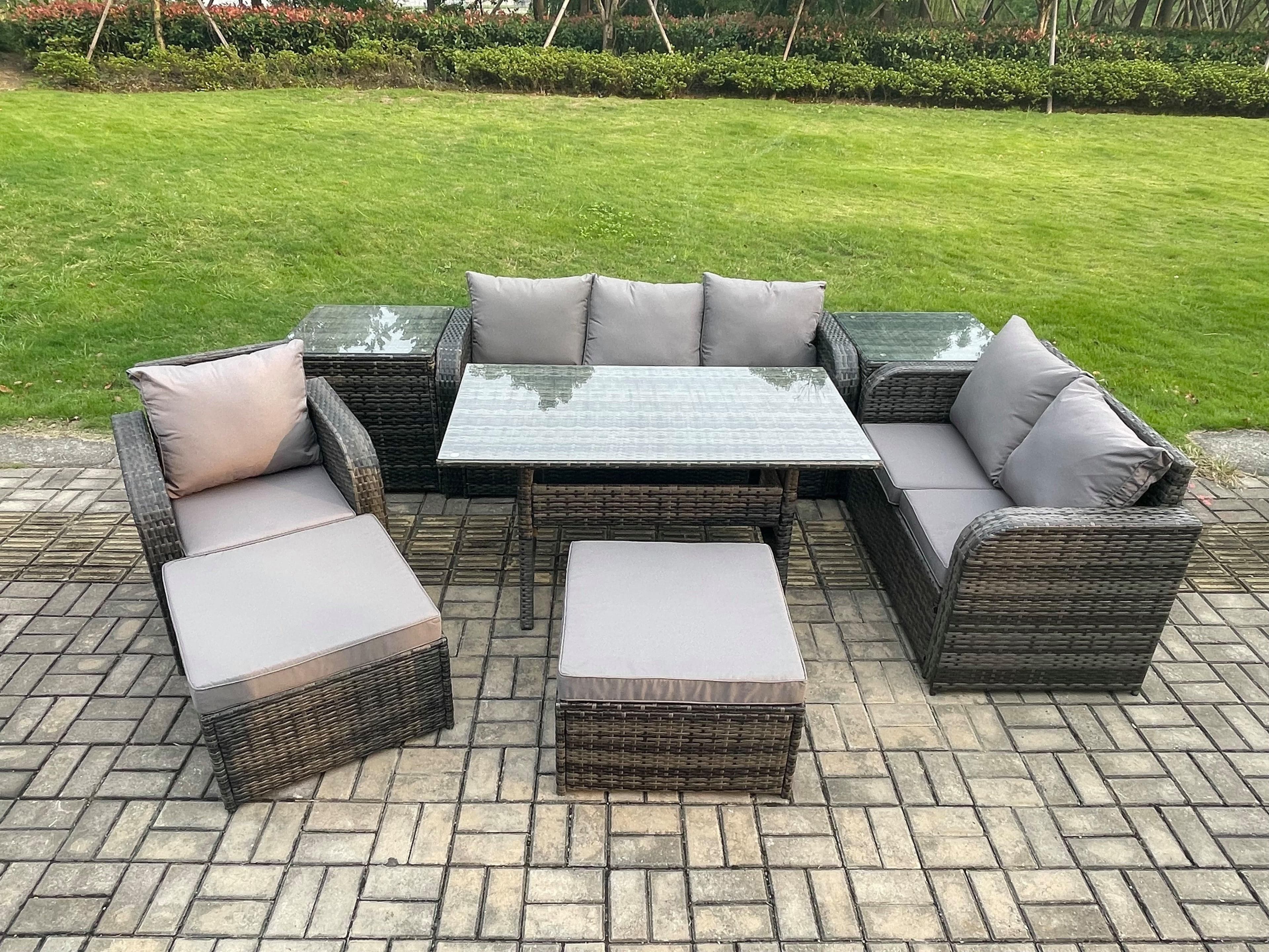 8 Piece Rattan Garden Furniture Set Patio Sofa Rectangular Dining Table 2 Side Tables 2 Big Footstool Indoor Conservatory Patio Set