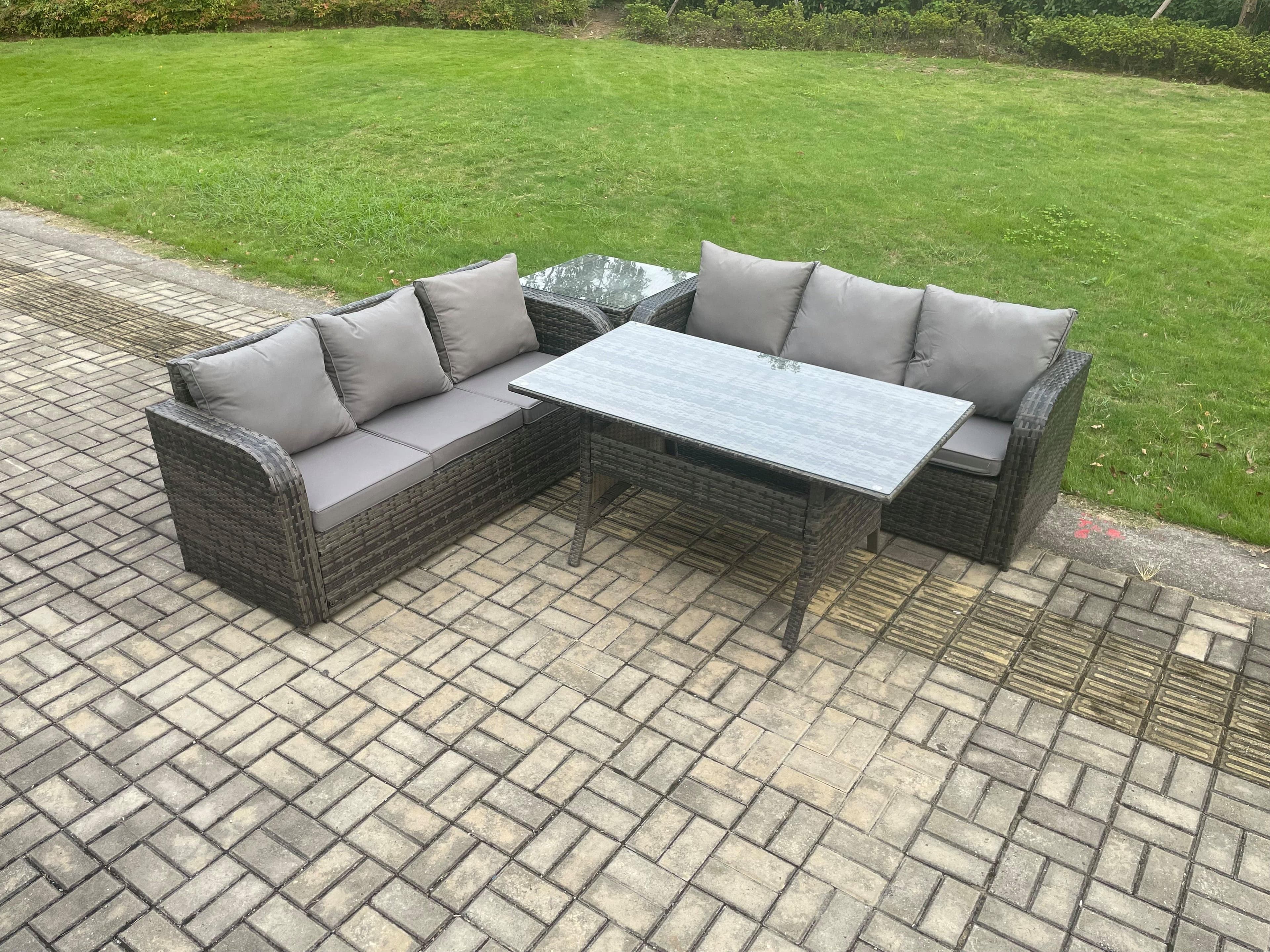 Rattan Garden Furniture Set Oblong Rectangular Dining Table 4 Pieces Outdoor Lounge Sofa Set Dark Grey Mixed
