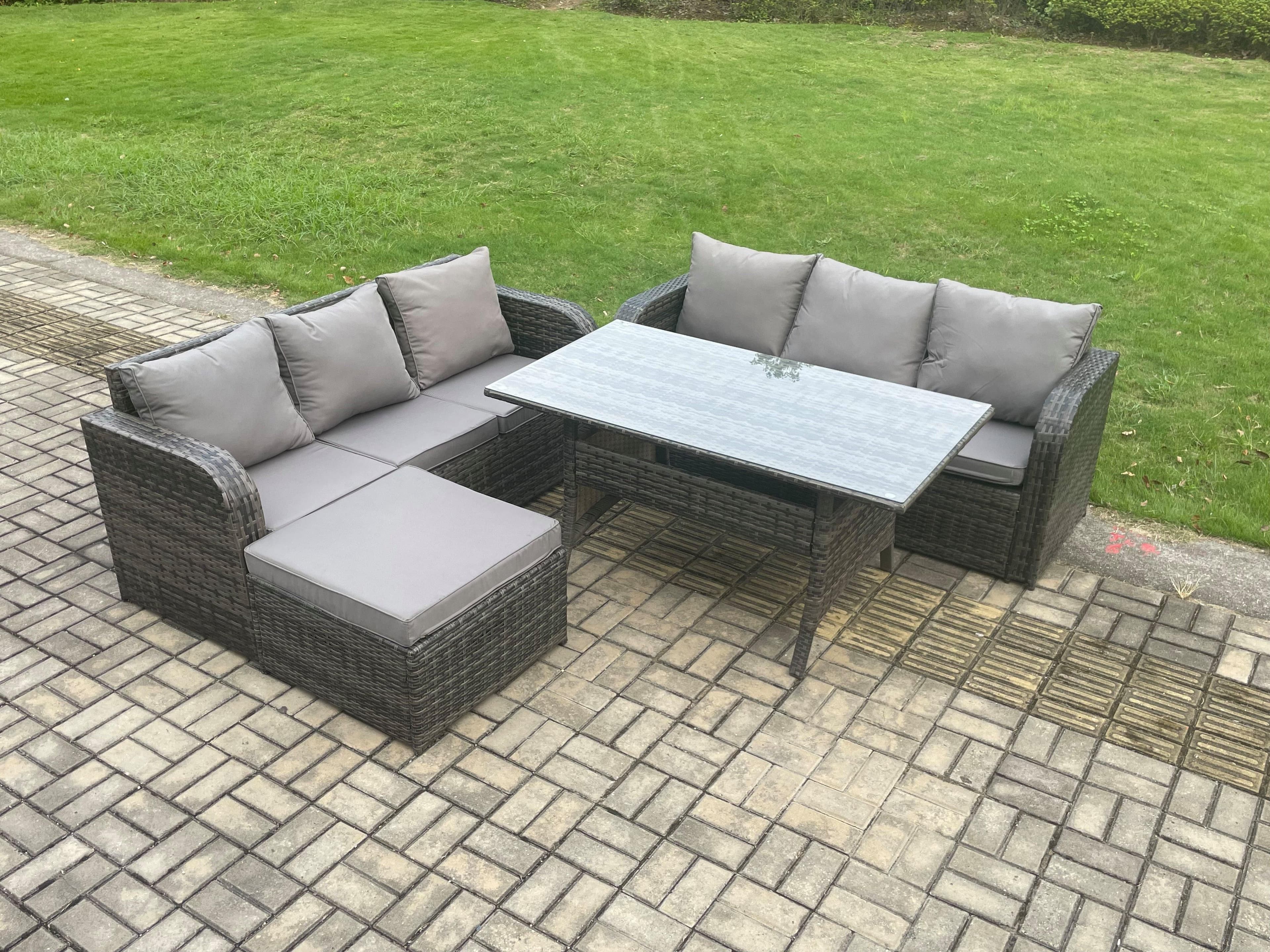 Rattan Garden Furniture Set Oblong Dining Table Big Footstool 4 Pieces Outdoor Lounge Sofa Set Dark Grey Mixed