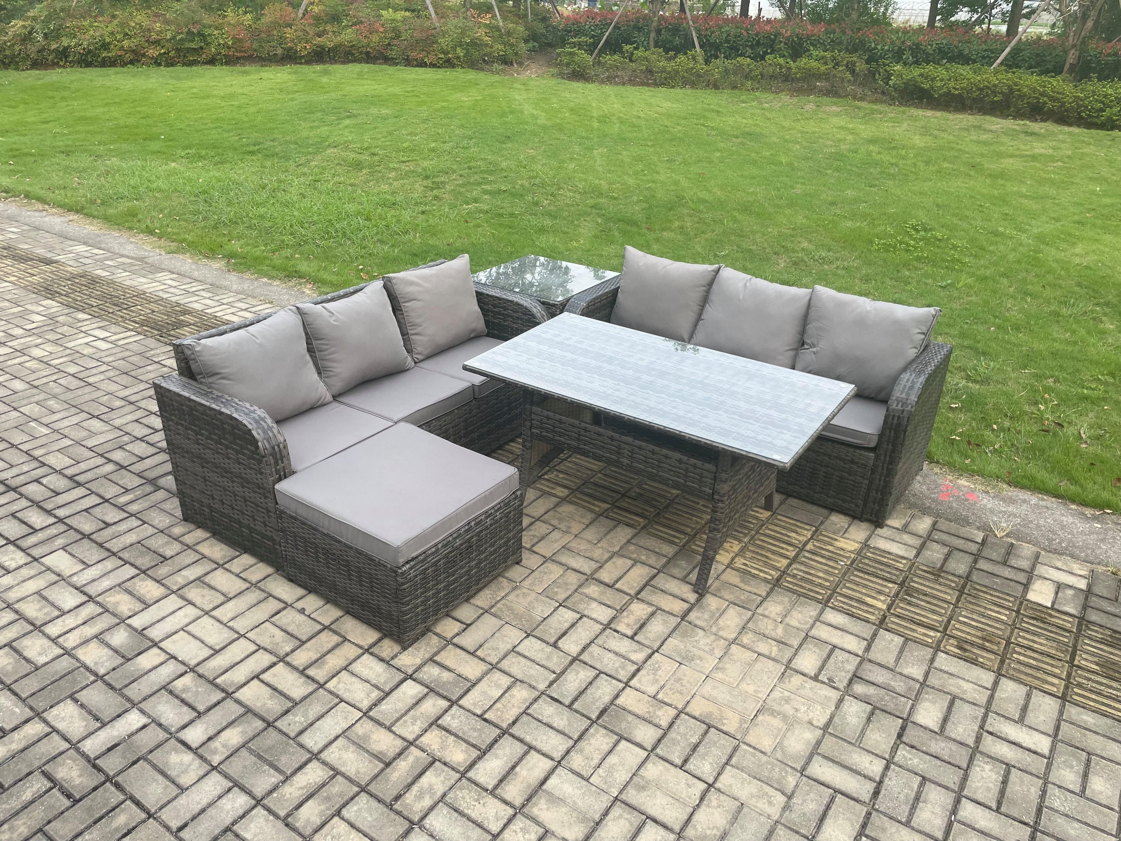 Rattan Garden Furniture Set Oblong Rectangular Dining Table Big Footstool Side Table 5 Pieces Outdoor Lounge Sofa Set