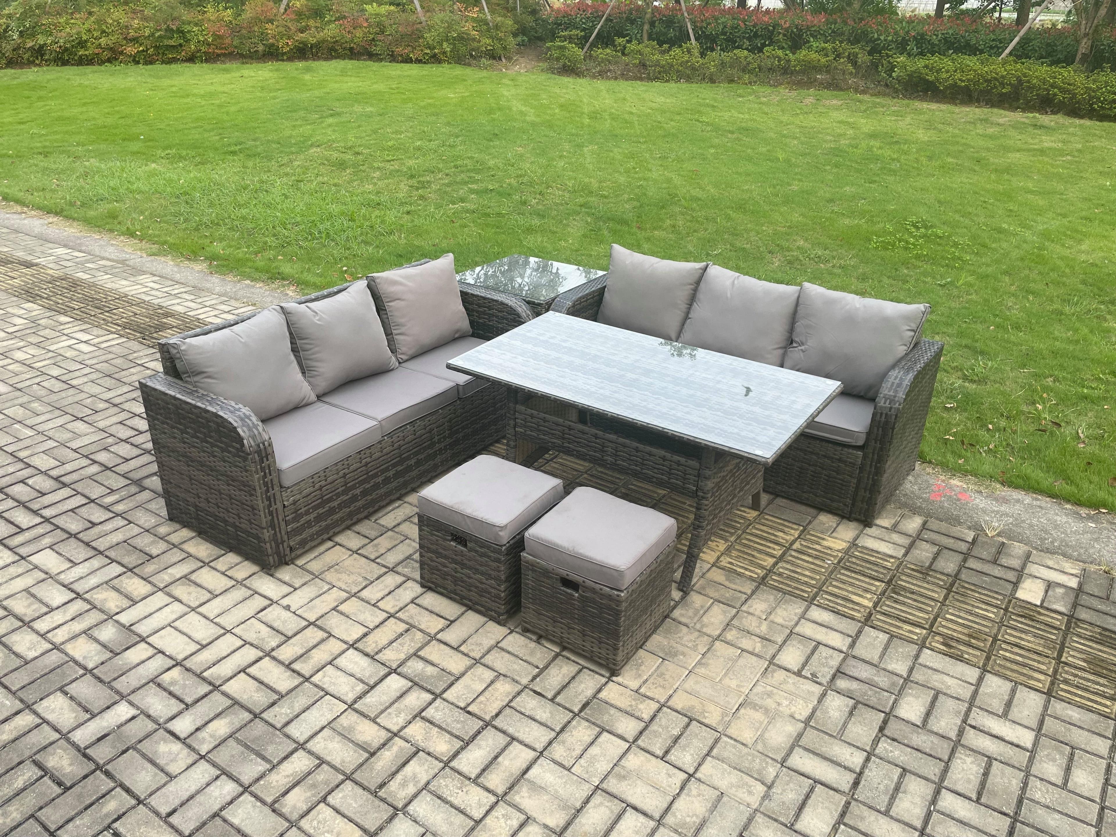 Rattan Garden Furniture Set Oblong Dining Table 2 Small Footstools Side Table 6 Pieces Outdoor Sofa Set Dark Grey Mixed