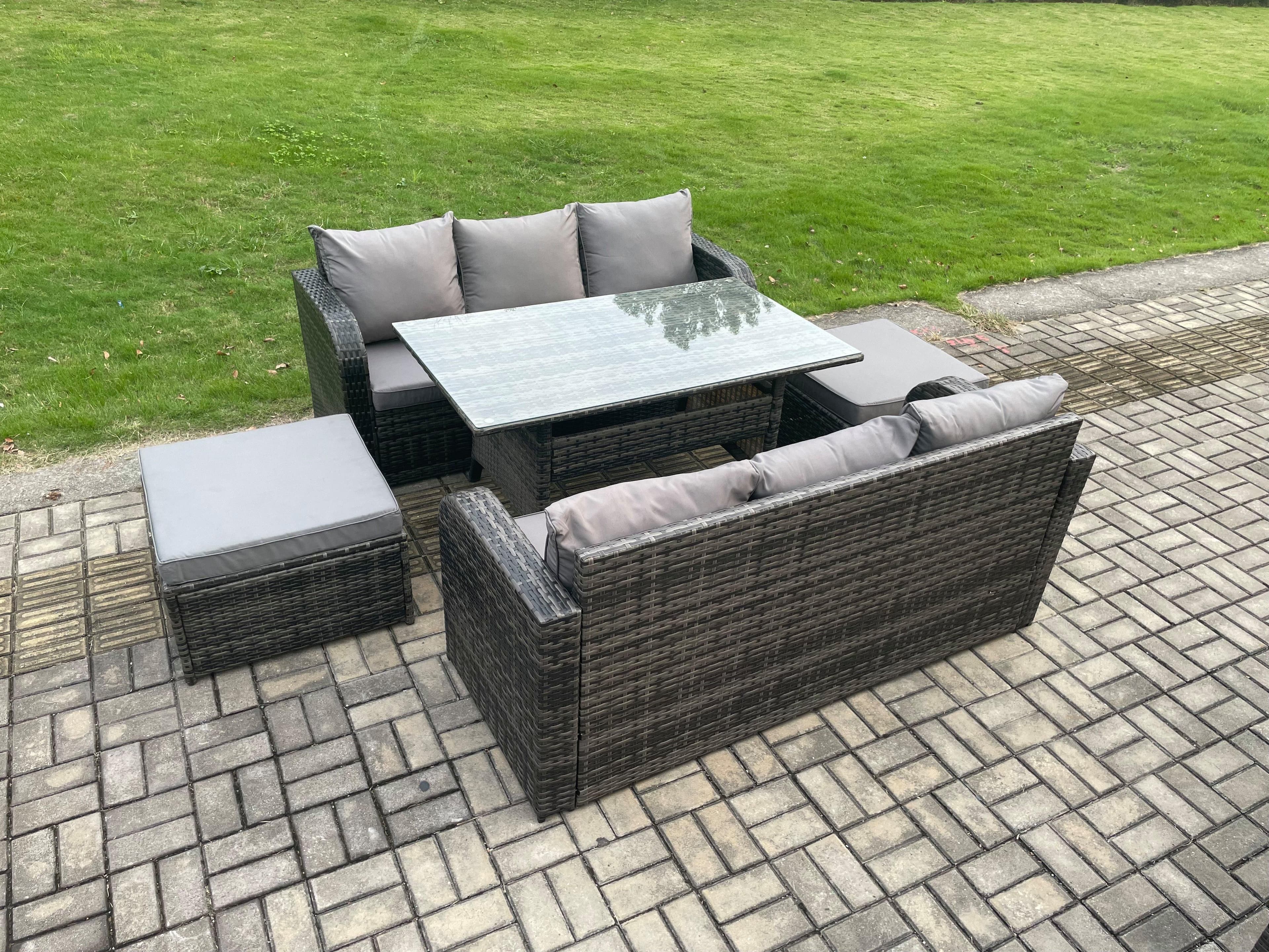 Patio Rattan Garden Furniture Set Oblong Rectangular Dining Table 2 Big Footstool 5 Pieces Outdoor Lounge Sofa Set
