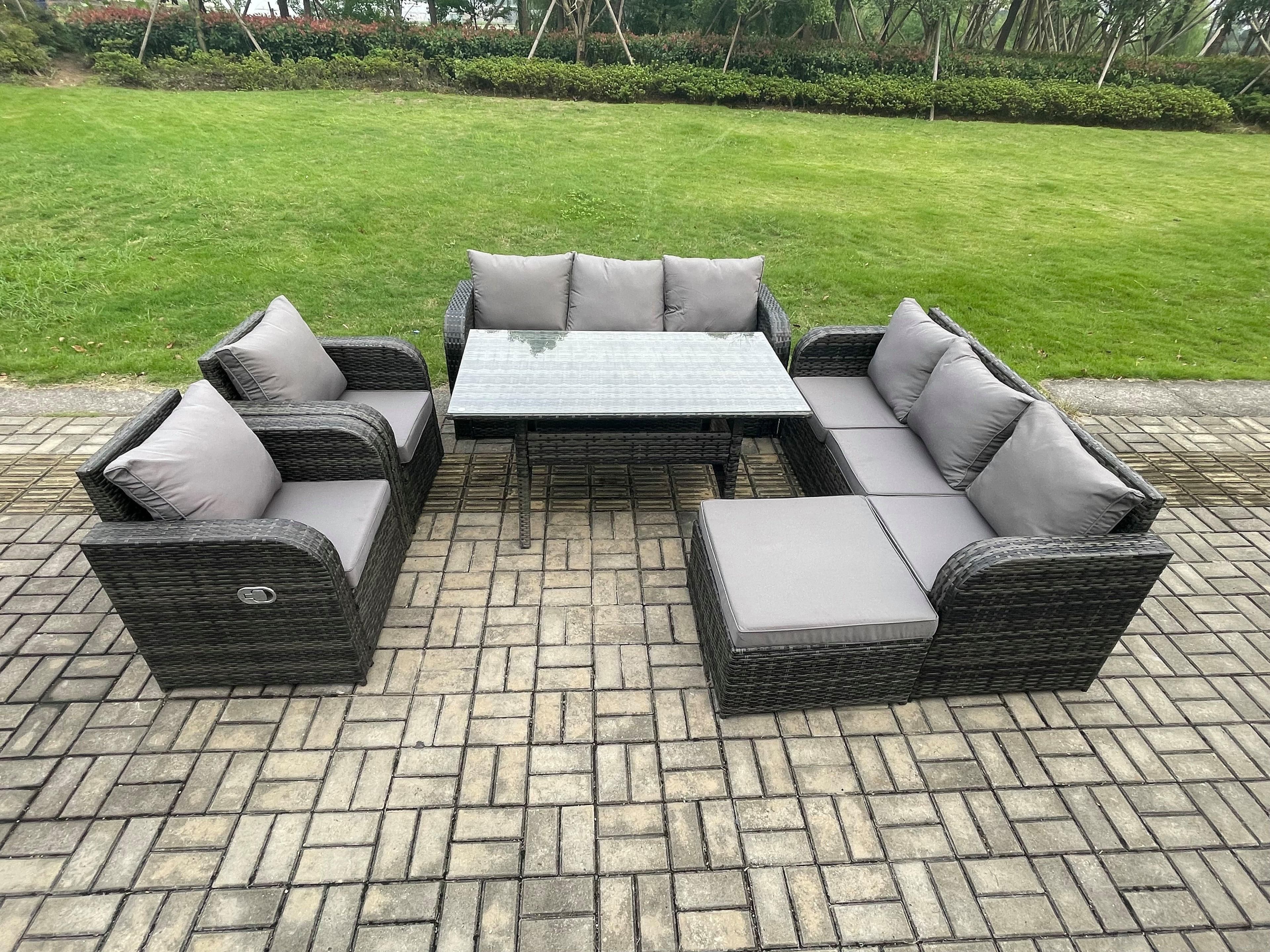 6 Piece Rattan Garden Furniture Set Patio Sofa Rectangular Dining Table Big Footstool Indoor Conservatory Patio Set