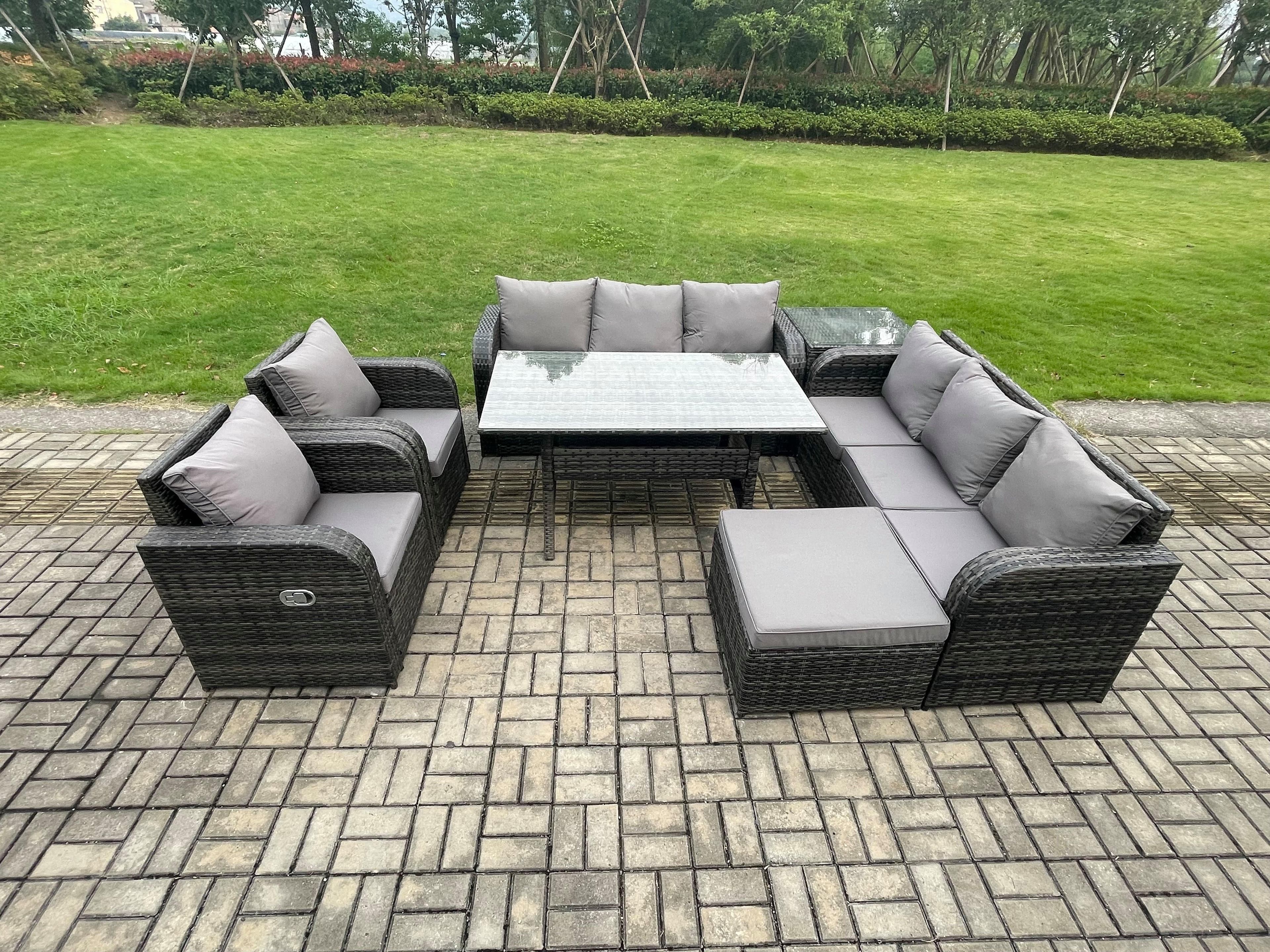 7 Piece Rattan Garden Furniture Set Patio Sofa Rectangular Dining Table Big Footstool Side Table Indoor Conservatory Patio Set