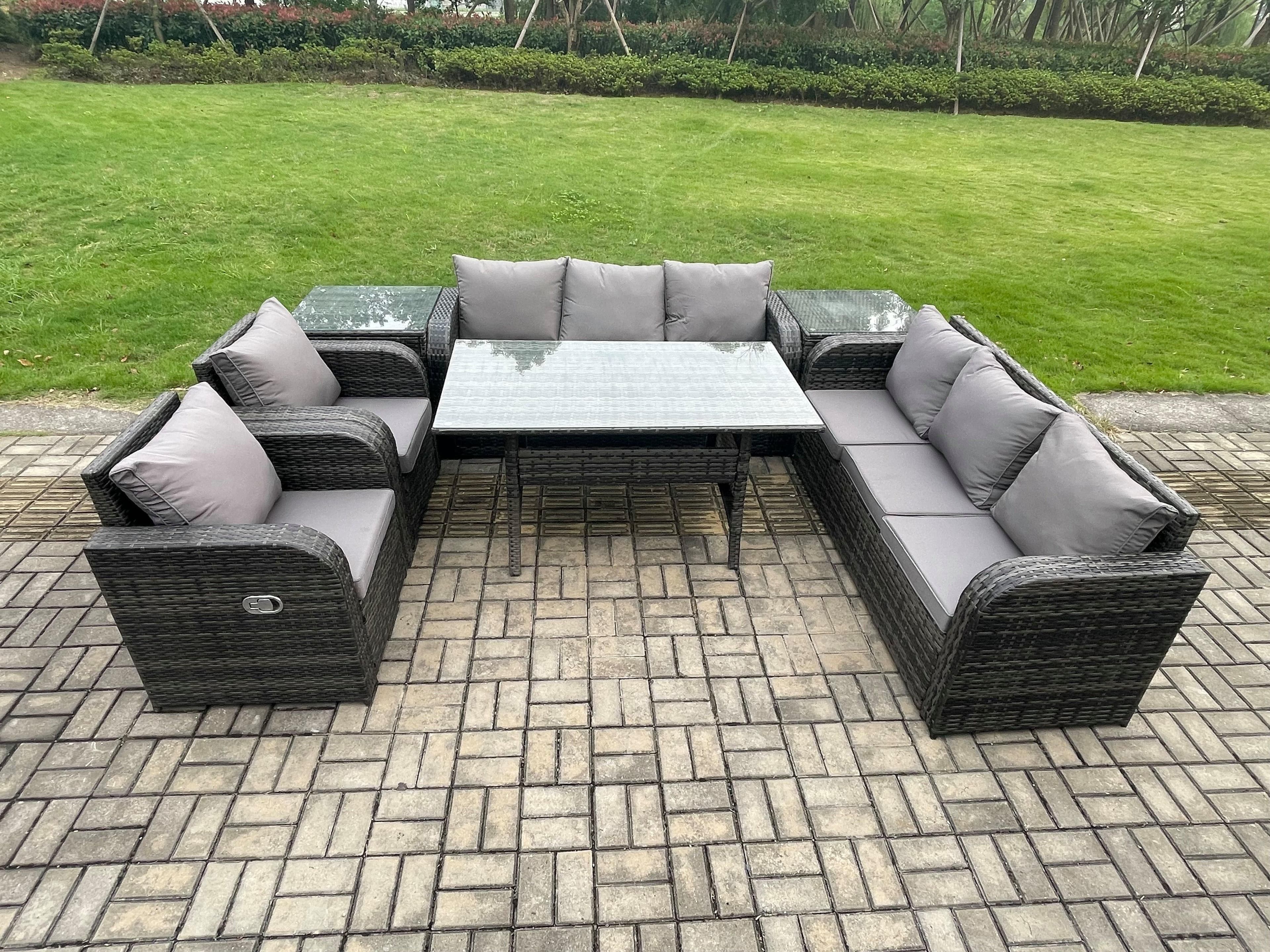 Outdoor Garden Patio Furniture Wicker Rattan Oblong Rectangular Dining Table Lounge Sofa set 2 Side Table Dark Grey Mixed