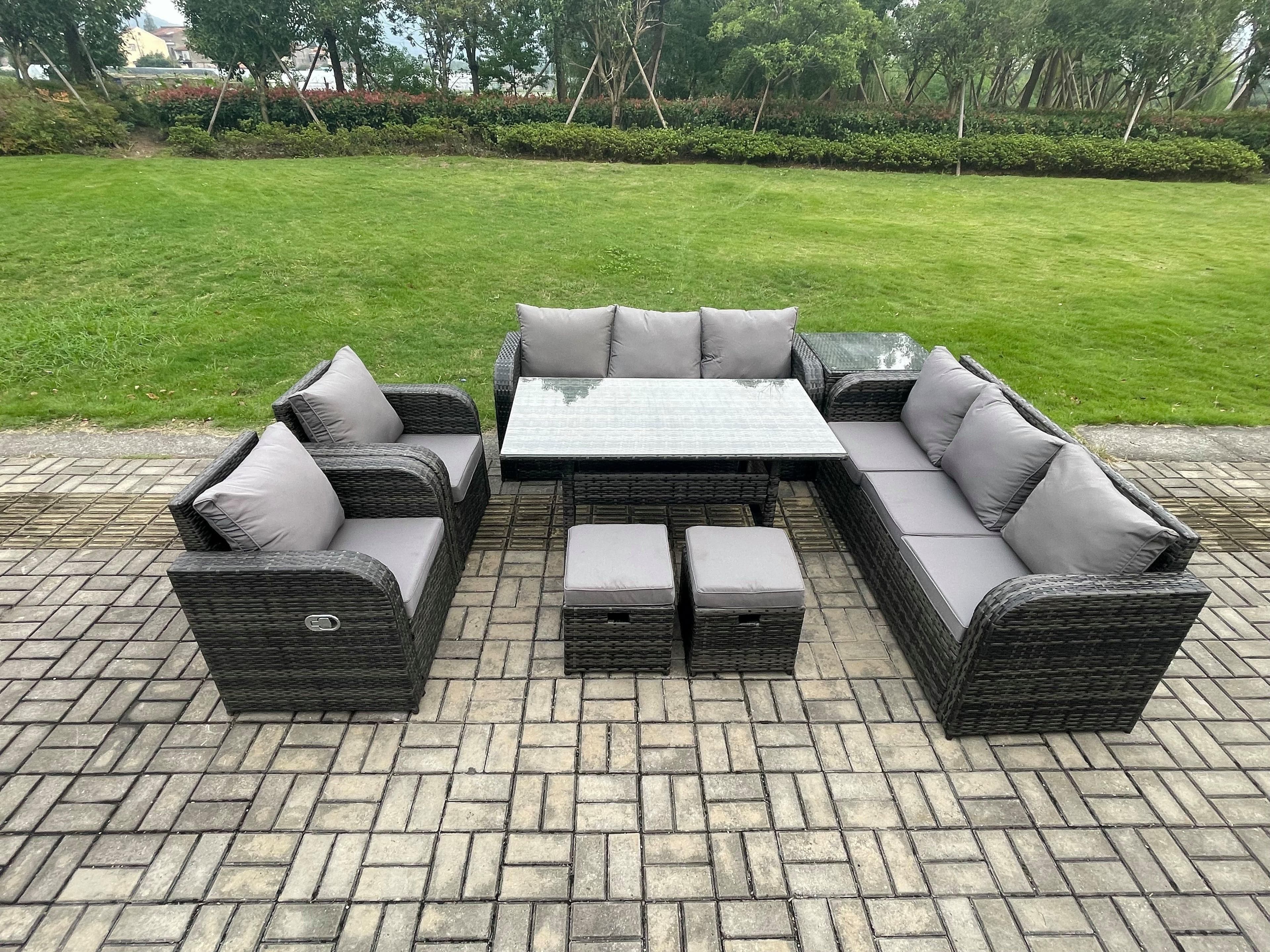 Outdoor Garden Patio Furniture Wicker Rattan Oblong Rectangular Dining Table Lounge Sofa set Side Table 2 Small Footstool