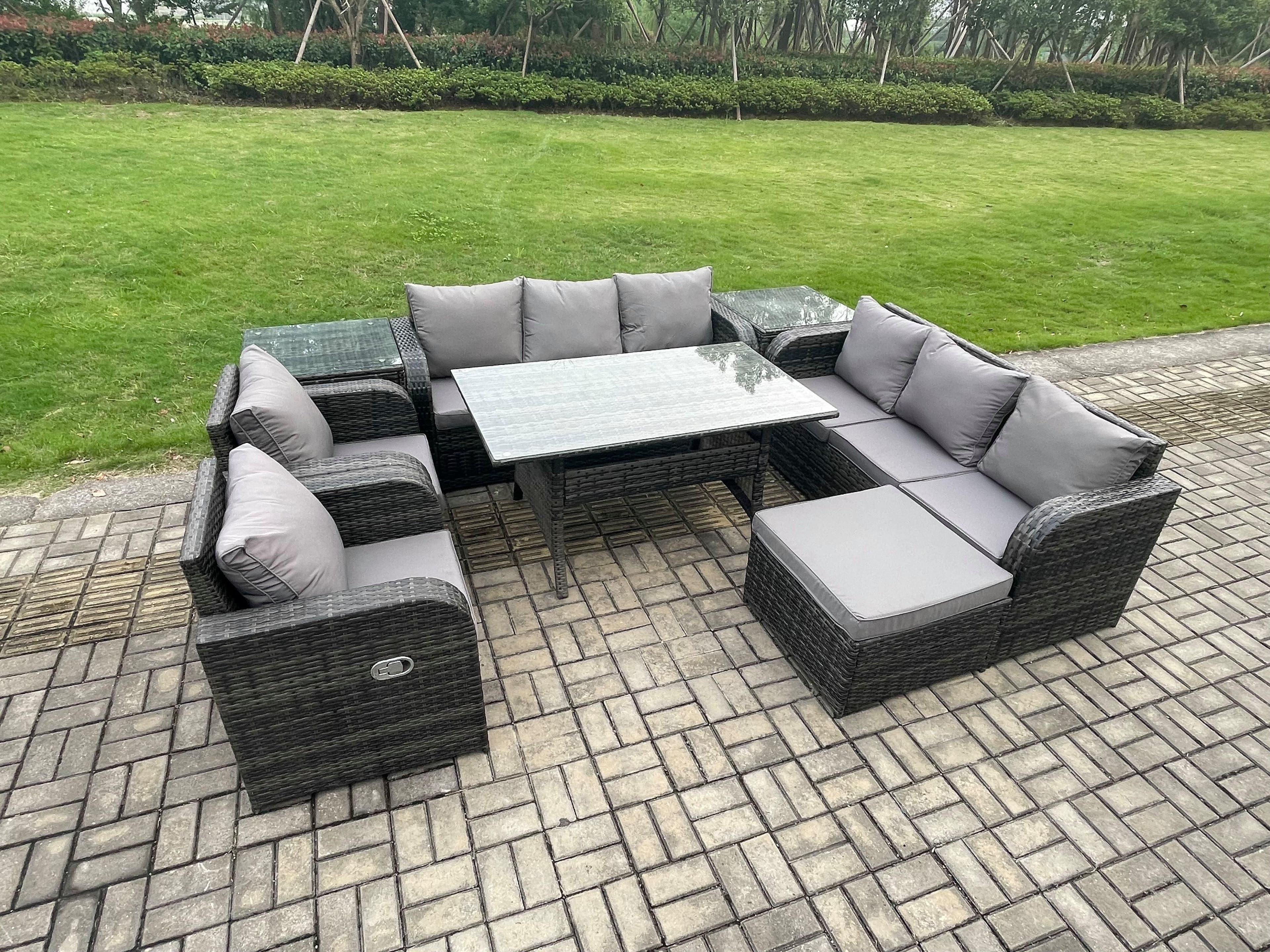 Outdoor Garden Patio Furniture Wicker Rattan Oblong Rectangular Dining Table Lounge Sofa set 2 Side Table Big Footstool