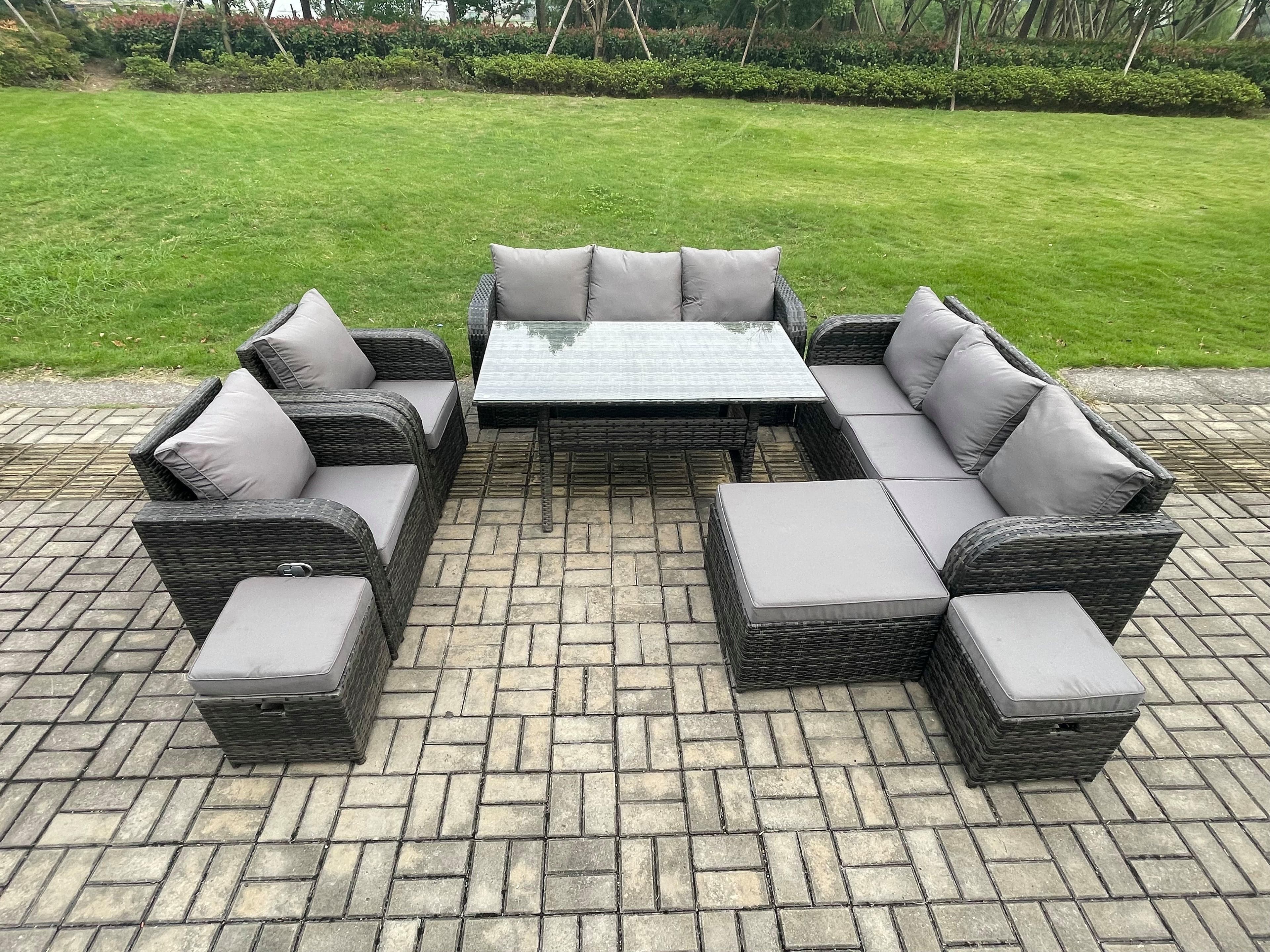 Outdoor Garden Patio Furniture Wicker Rattan Oblong Rectangular Dining Table Lounge Sofa set Adjustable Chair 3 Footstool