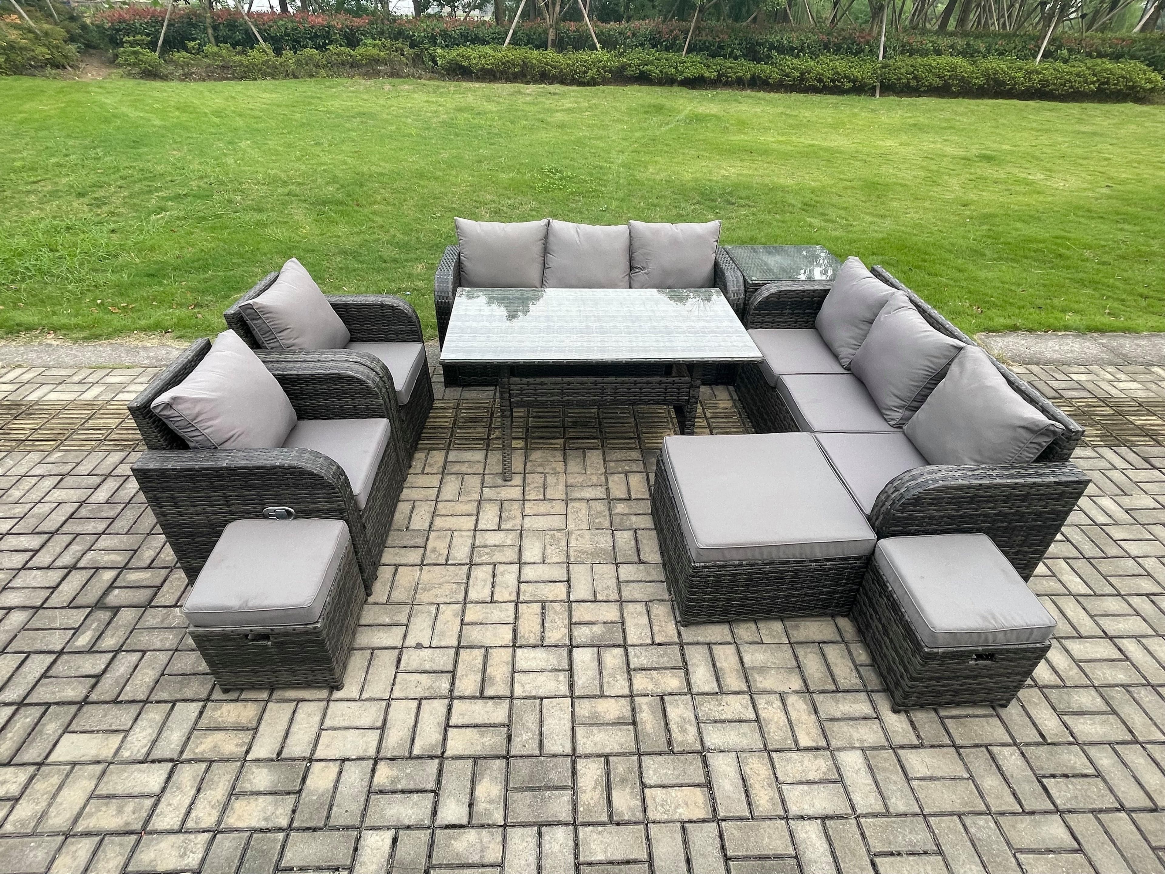 Outdoor Garden Patio Furniture Wicker Rattan Oblong Rectangular Dining Table Lounge Sofa set Adjustable Chair Side Table