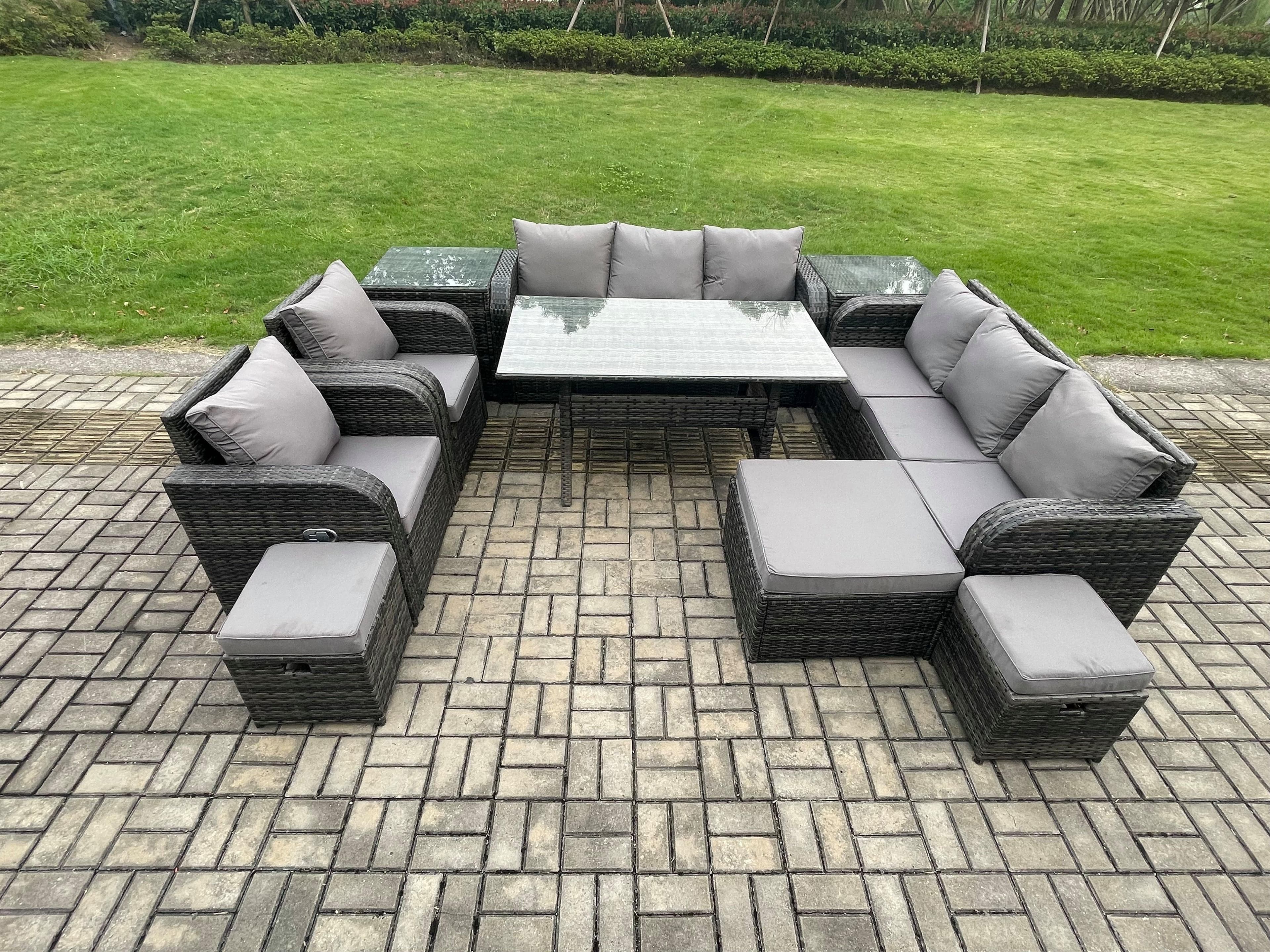Outdoor Garden Patio Furniture Wicker Rattan Oblong Rectangular Dining Table Lounge Sofa set Adjustable Chair 2 Side Tables
