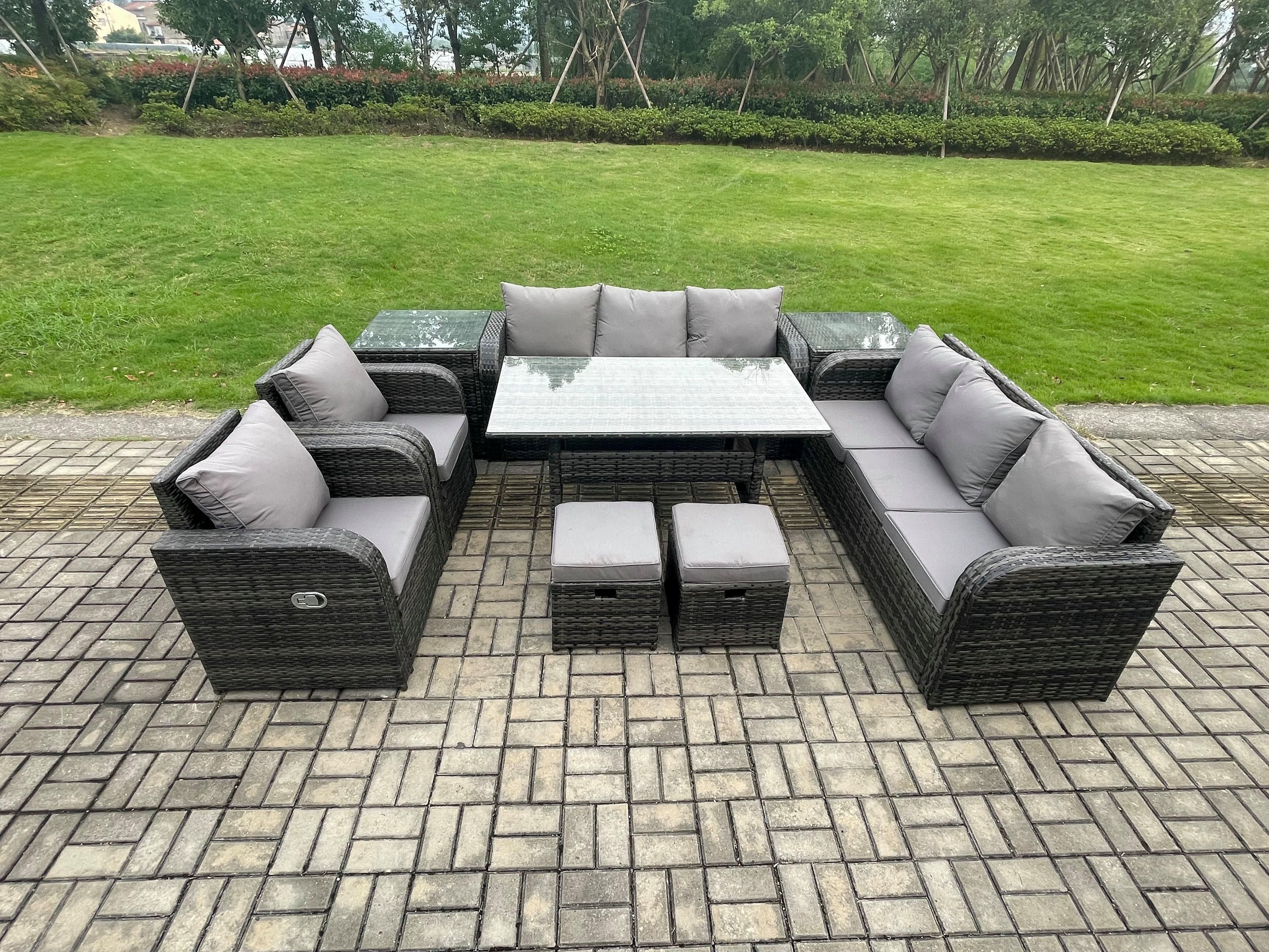 Outdoor Garden Patio Furniture Wicker Rattan Oblong Rectangular Dining Table Lounge Sofa set Adjustable Chair 2 Side Table