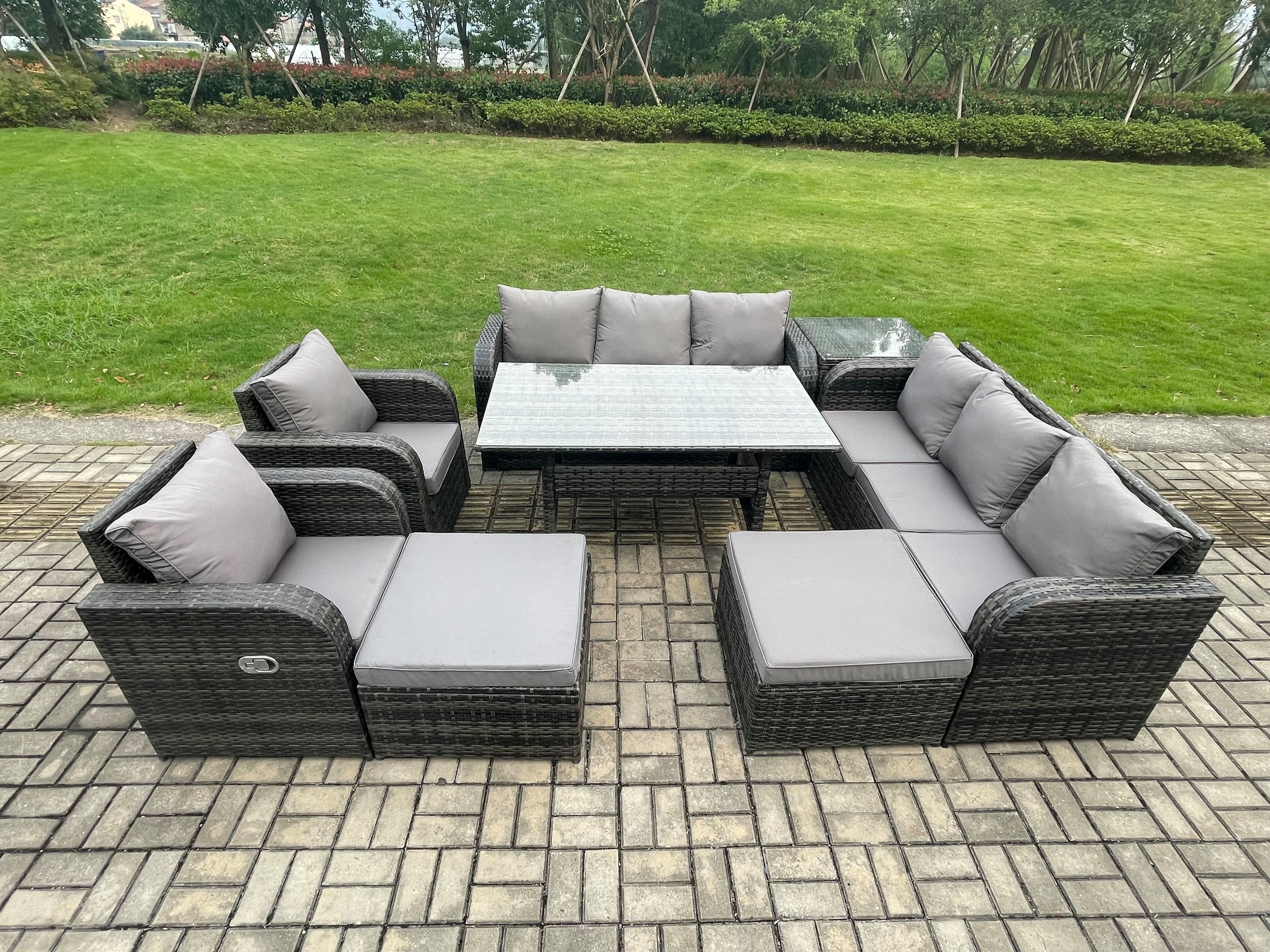 10 Seater Rattan Garden Furniture Set Oblong Rectangular Dining Table Chairs Set 3 Seater Sofa 2 Big Footstool Side Table