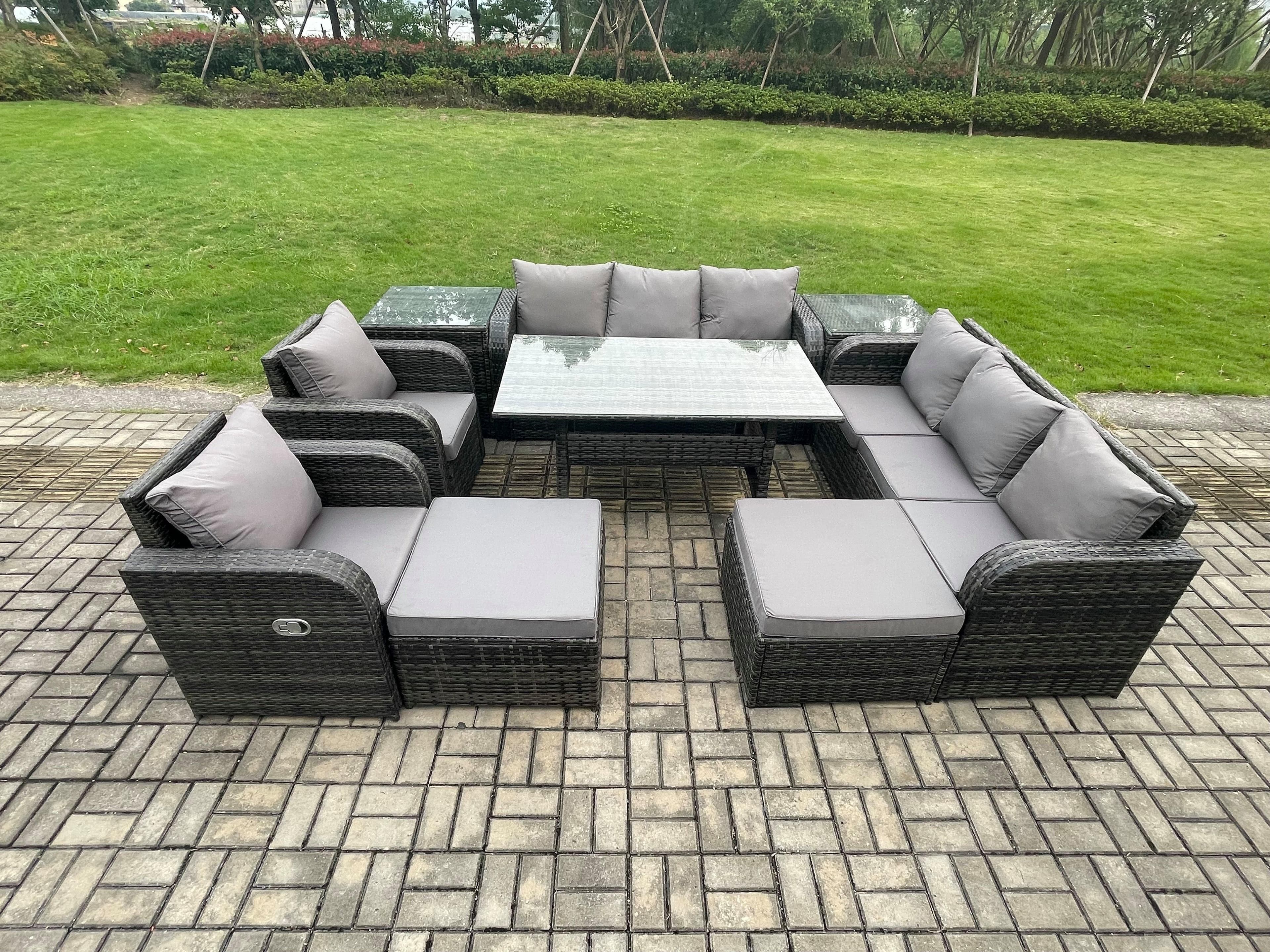 10 Seater Rattan Garden Furniture Set Oblong Rectangular Dining Table Chairs Set 3 Seater Sofa 2 Big Footstool 2 Side Tables