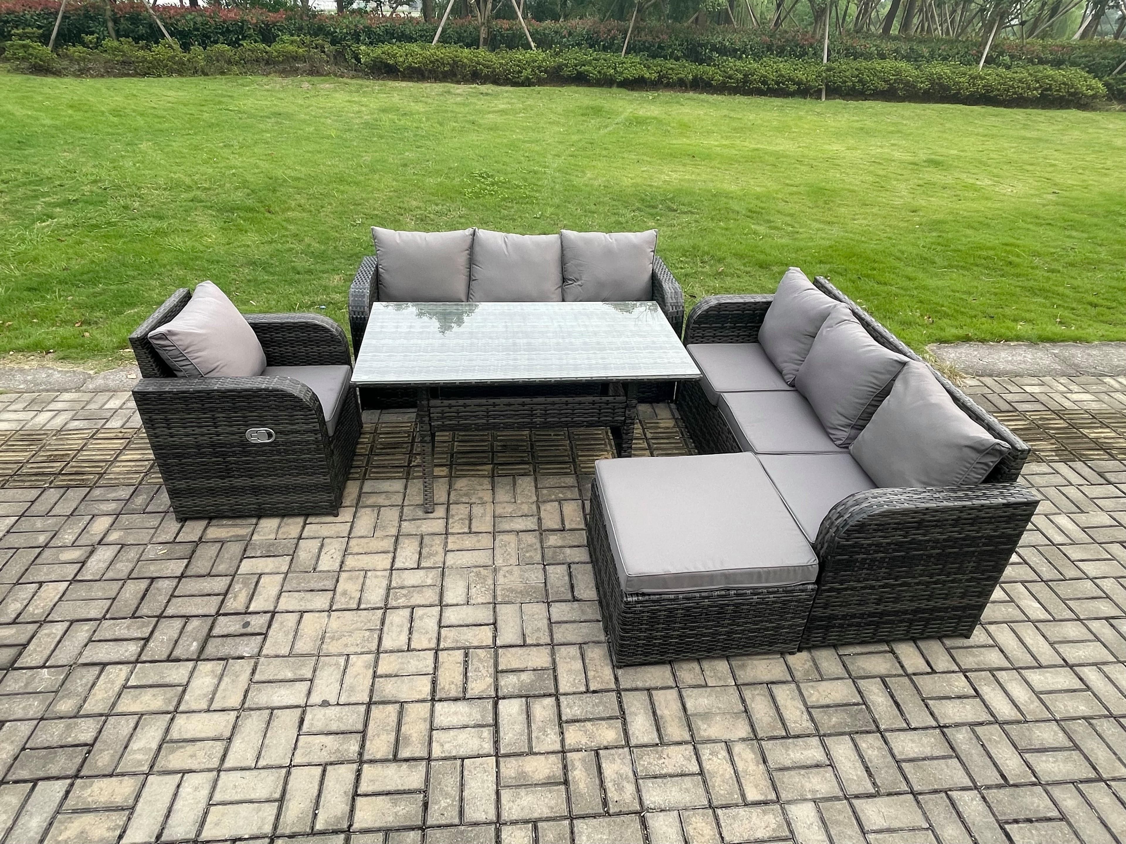 8 Seater Rattan Garden Furniture Set Oblong Rectangular Dining Table Chairs Set 3 Seater Sofa Big Footstool Dark Grey Mixed