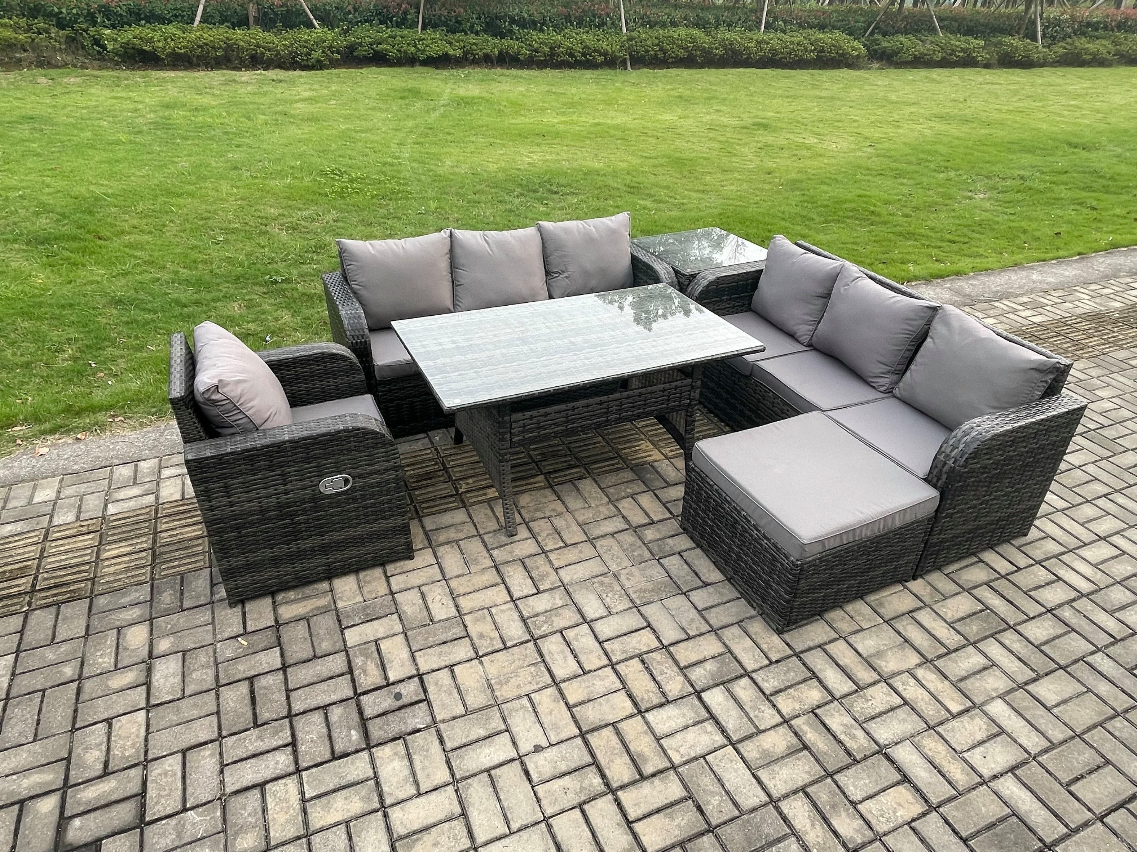 8 Seater Rattan Garden Furniture Set Oblong Rectangular Dining Table Chairs Set 3 Seater Sofa Big Footstool Side Tables