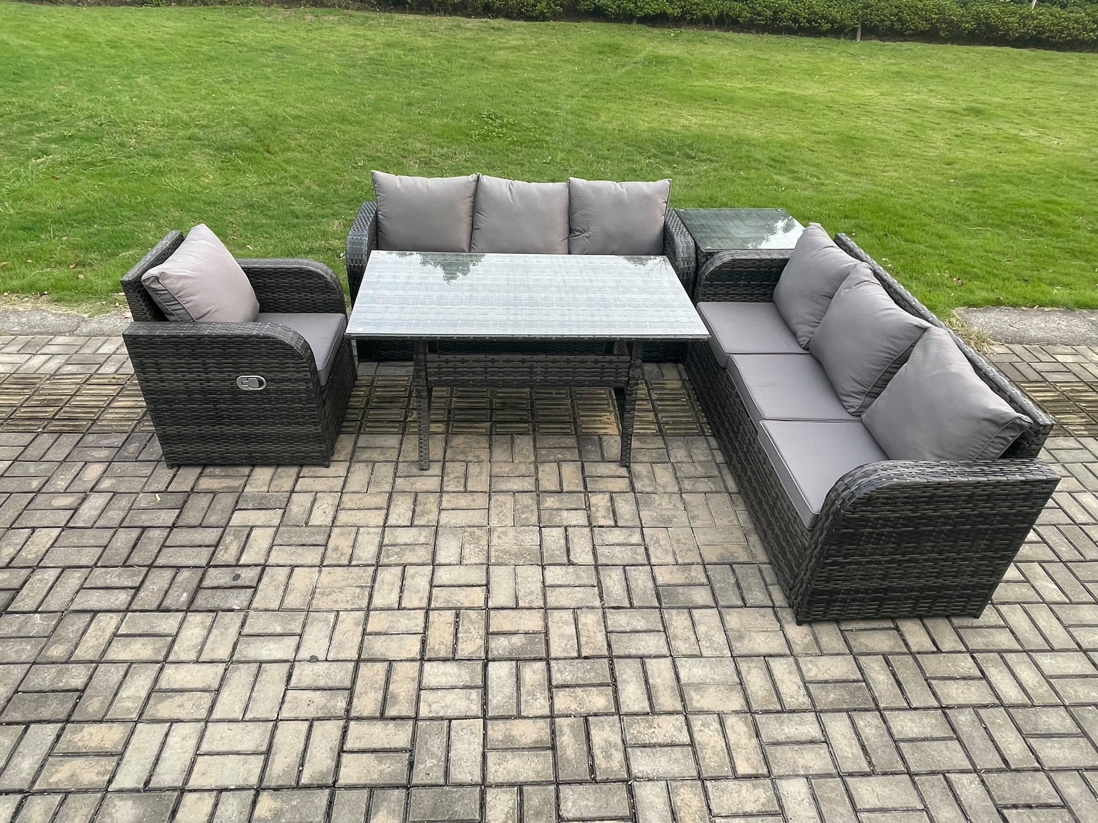 7 Seater Rattan Garden Furniture Set Oblong Rectangular Dining Table Chairs Set 3 Seater Sofa Side Tables Dark Grey Mixed