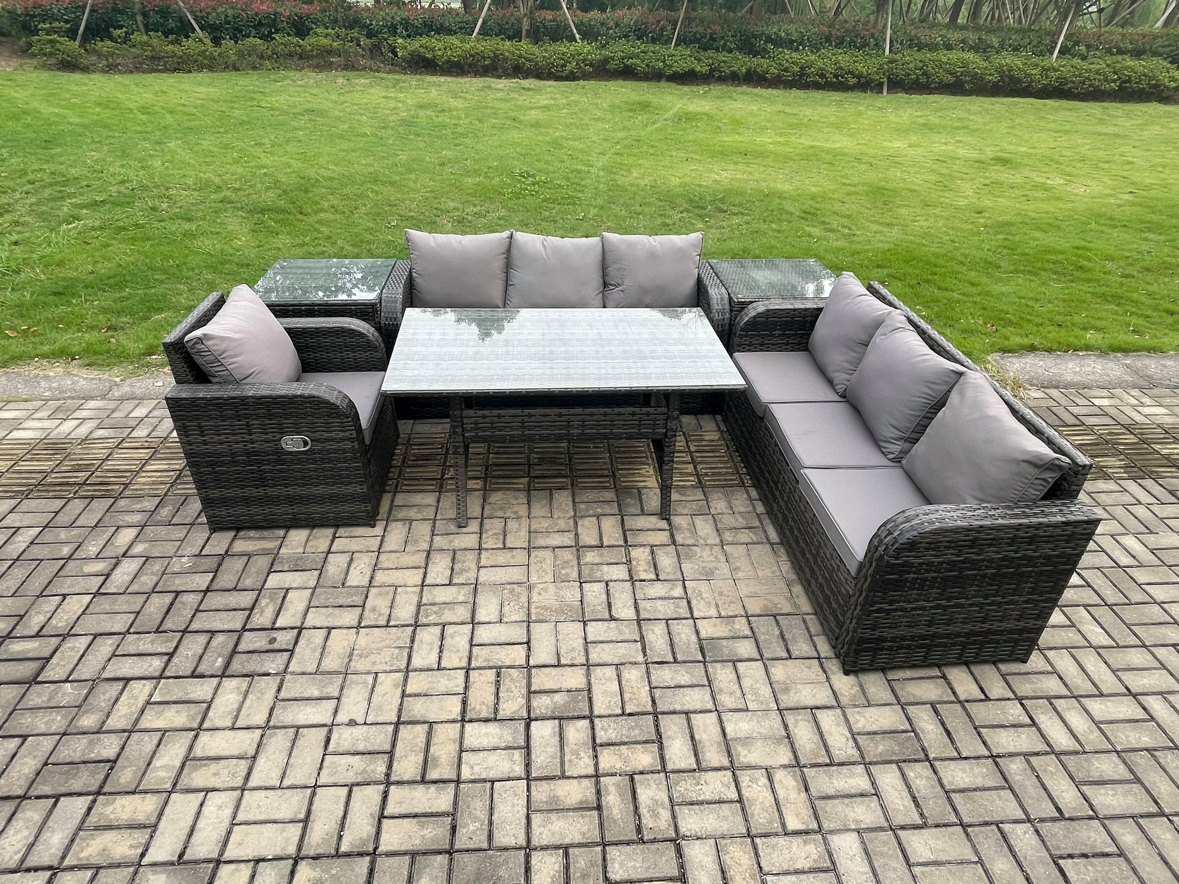 7 Seater Rattan Garden Furniture Set Oblong Rectangular Dining Table Chairs Set 3 Seater Sofa 2 Side Tables Dark Grey Mixed